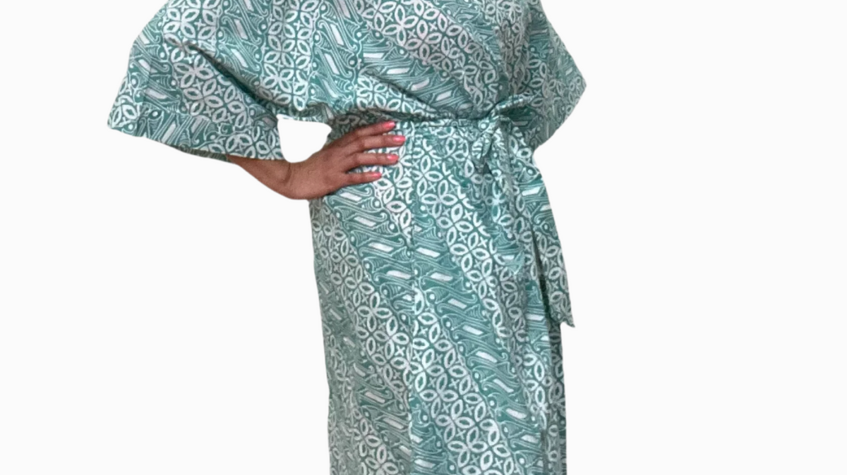 Kasih Co-op hand-dyed batik robe in Green Royalty pattern, a bridesmaid getting-ready gift