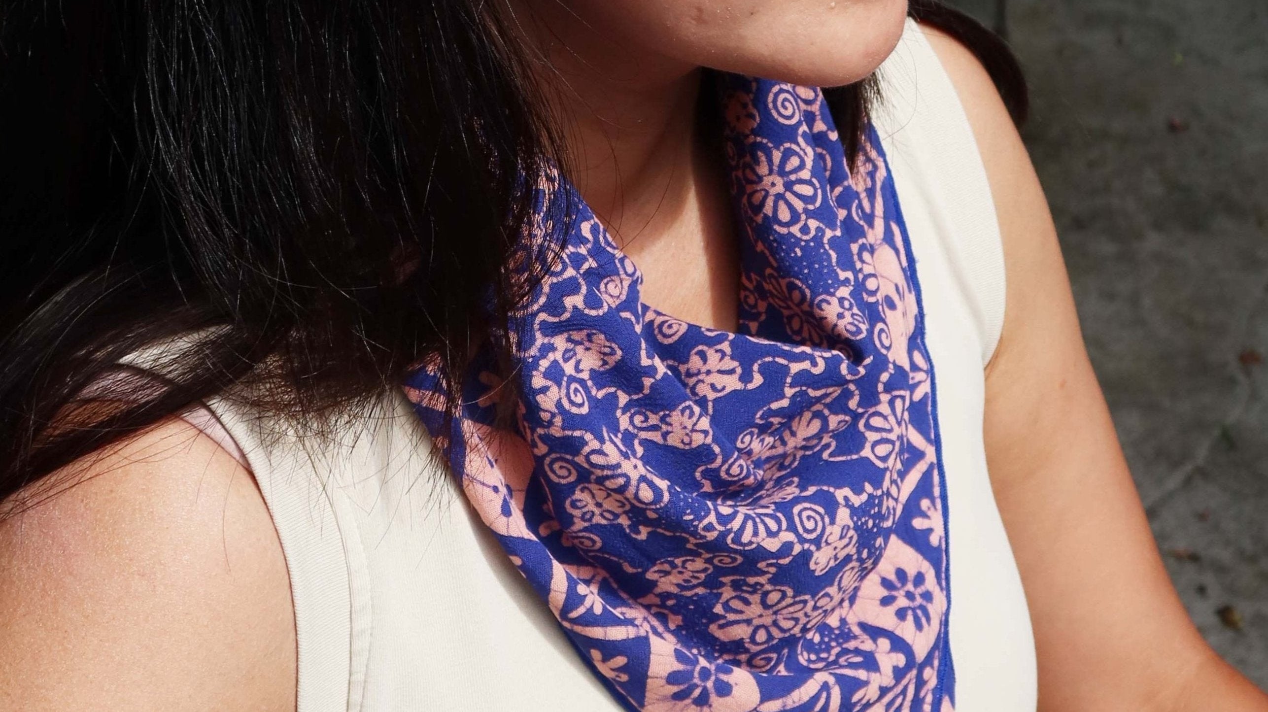 Kasih Co-op batik bandana in Mangosteen pink and blue pattern