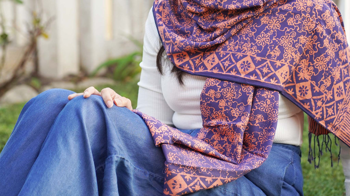 Hand-dyed fair trade batik scarf in blue and pink, Mangosteen design, by Kasih Co-op