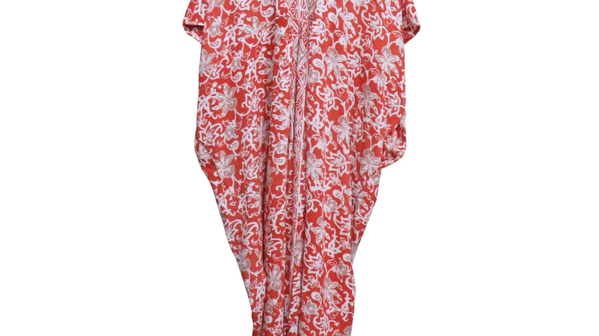 Fiery Flora hand-dyed batik kaftan dress for a Bali-themed party