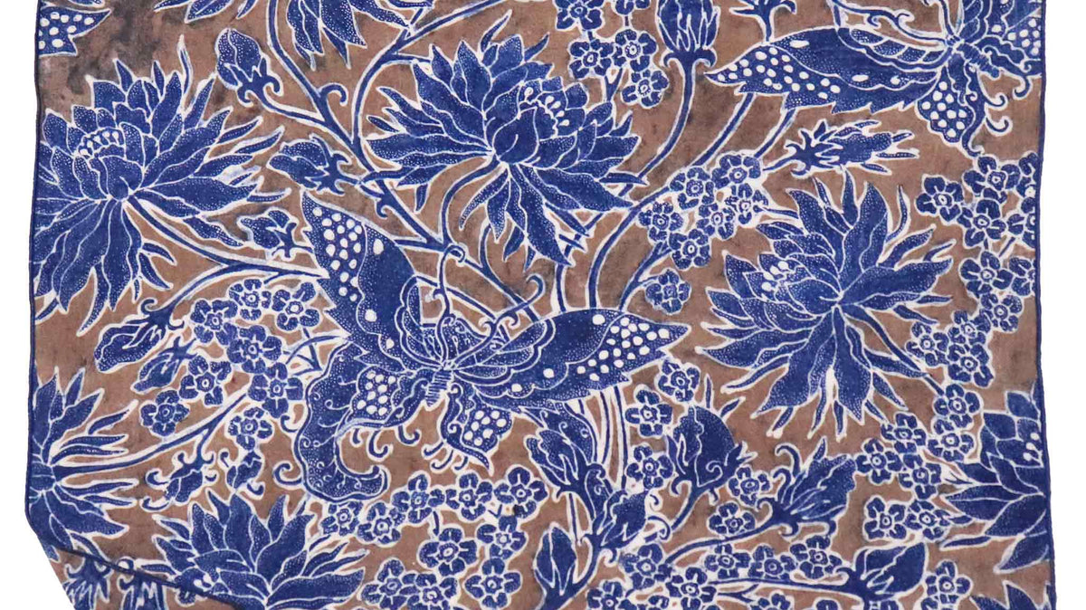 Lotus Blossom hand-drawn batik tulis bandana in natural brown and indigo dye