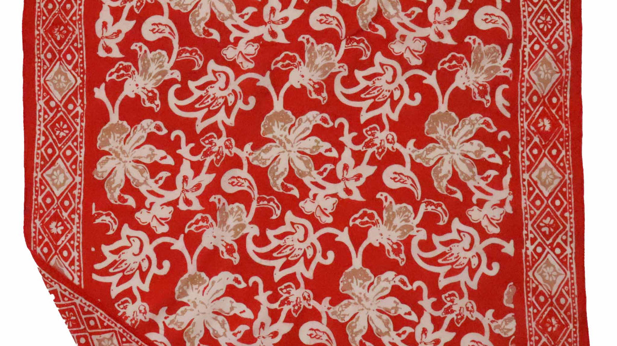 Red Fiery Flora hand-dyed batik bandana for a Rosie the Riveter Halloween costume