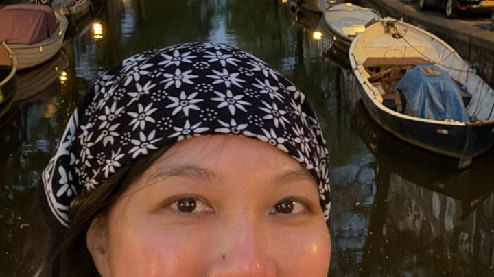 Authentic Indonesian batik bandana worn as a head wrap, from Kasih Co-op