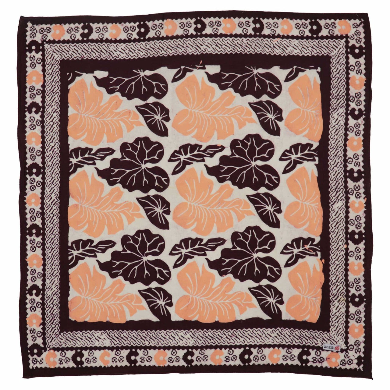 Floral patterned batik bandana with orange and black flowers on a white background