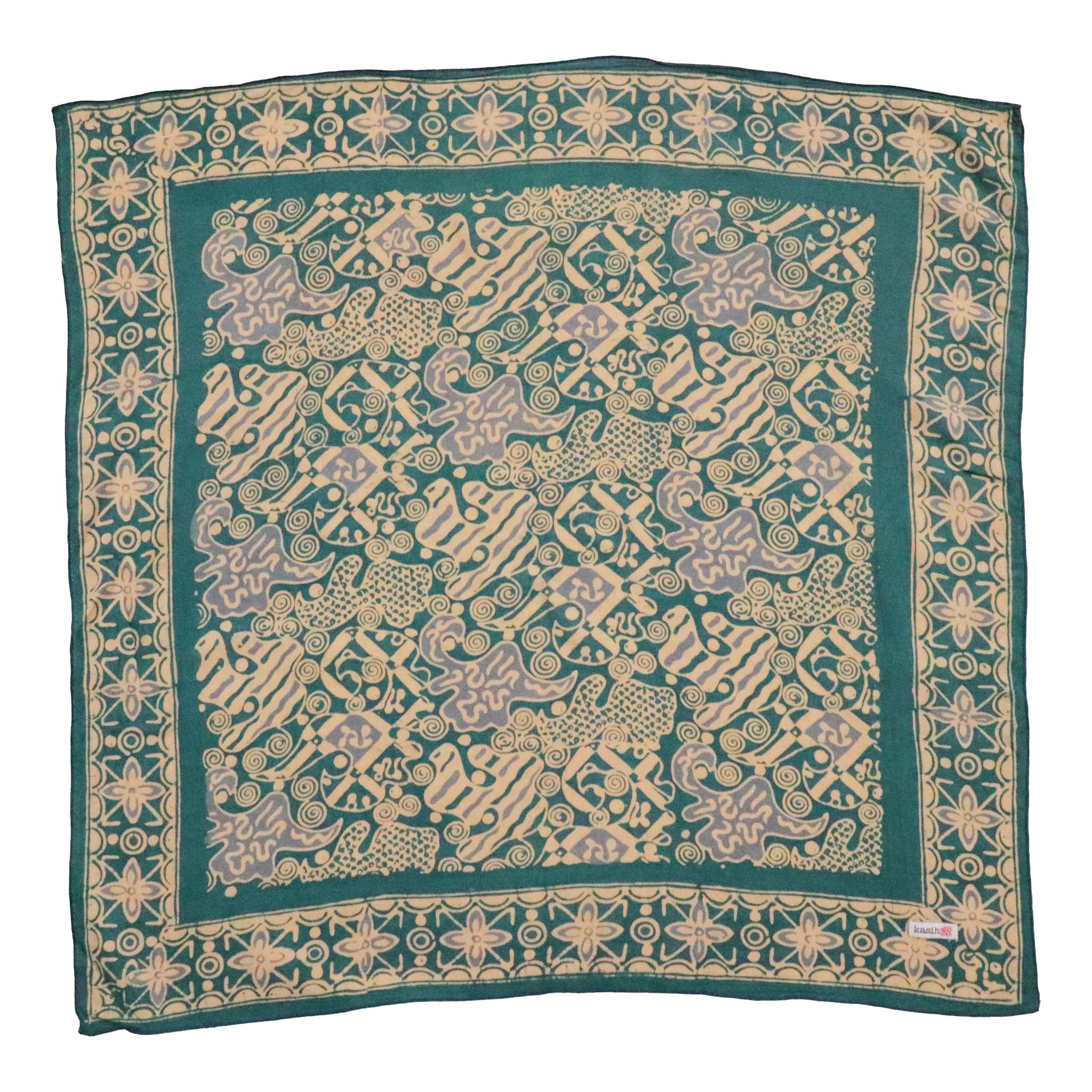 Decorative cotton teal gray bandana with intricate patterns on a white background