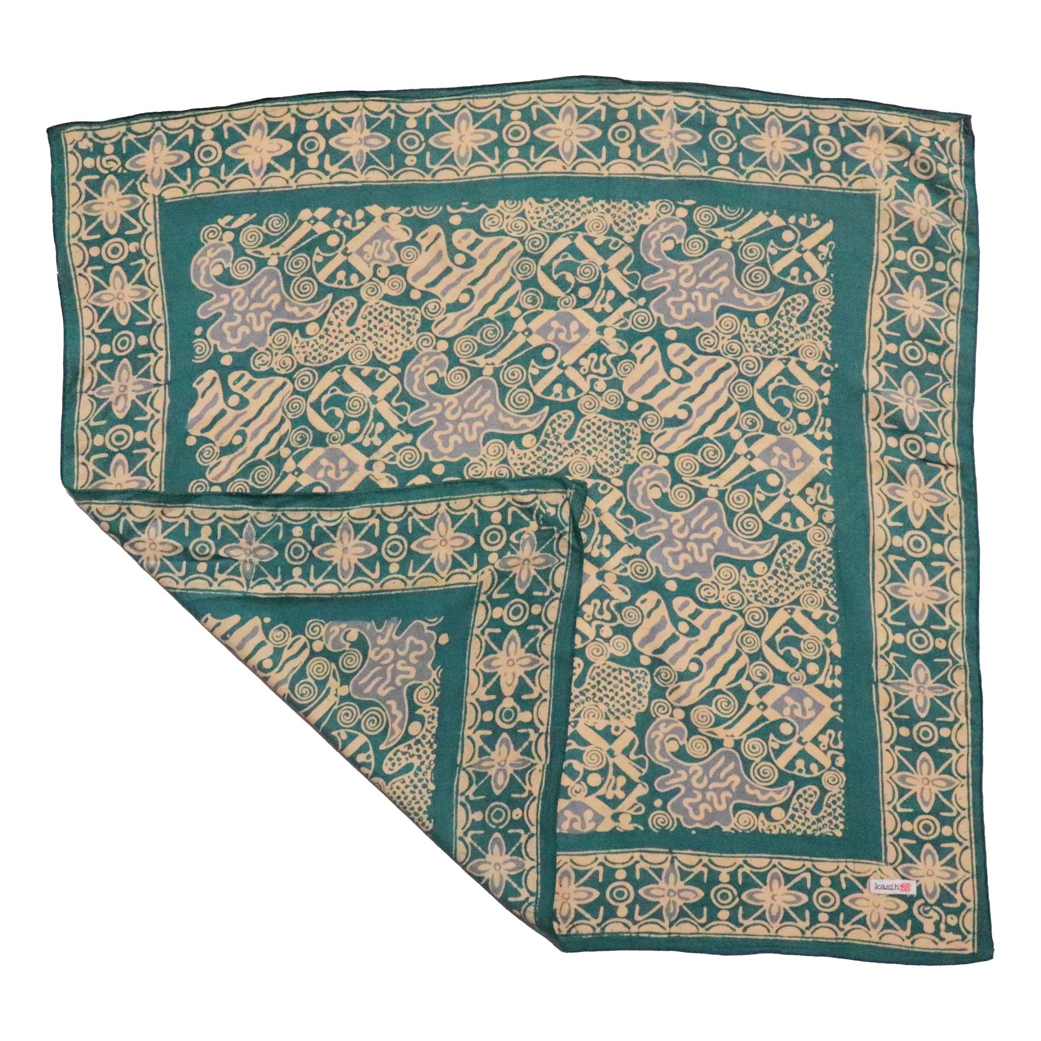 Patterned batik bandana with teal green border on a white background
