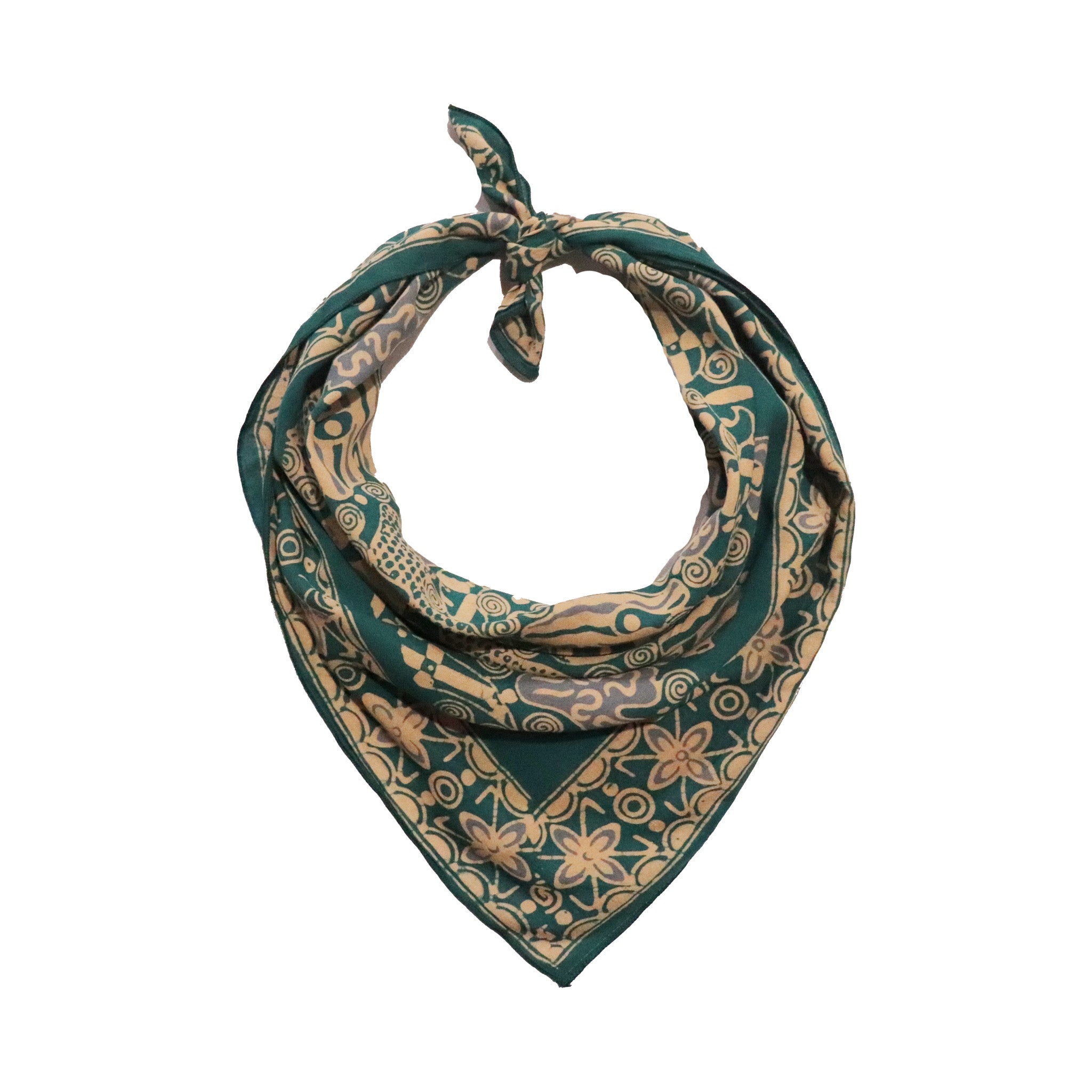 Green teal and beige patterned bandana on a white background