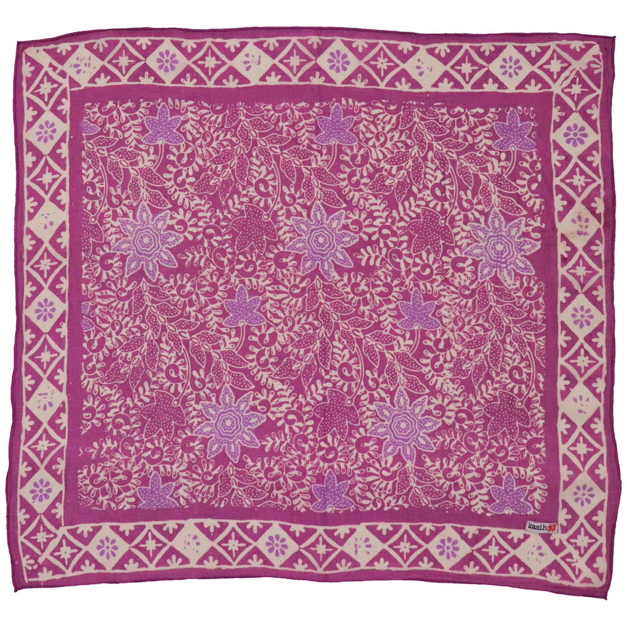 Purple floral patterned bandana with white border on a white background