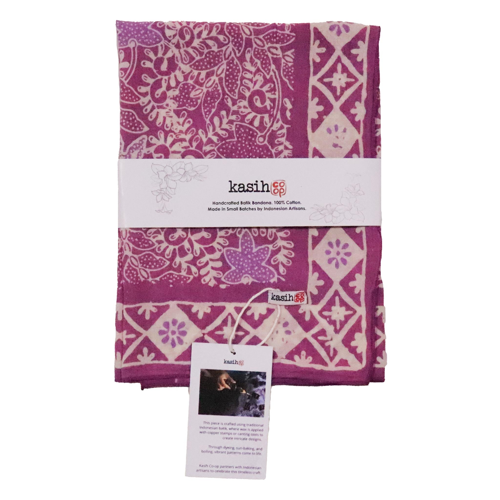 Purple and white patterned fabric with 'kasih' branding on a white background
