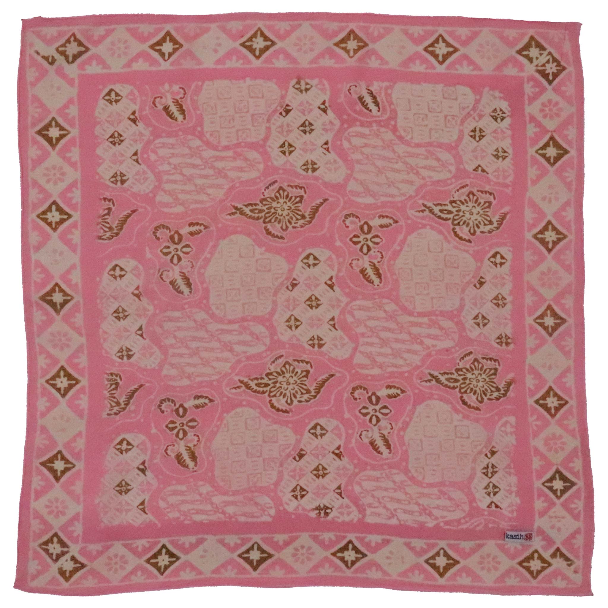 Pink cotton batik bandana with gold floral and geometric patterns