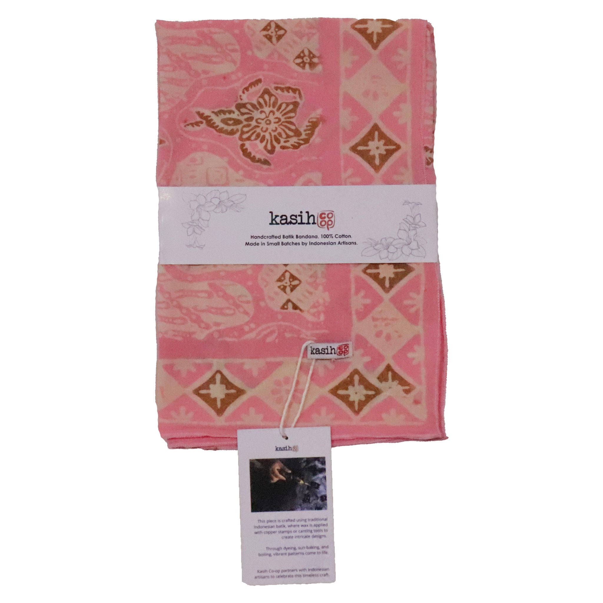 Pink cotton batik bandana with brown patterns and 'kasih' label on a white background
