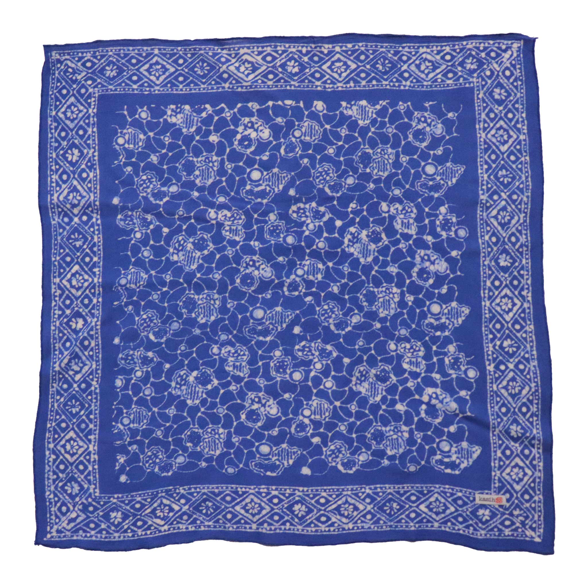 Blue bandana with white pattern on a white background