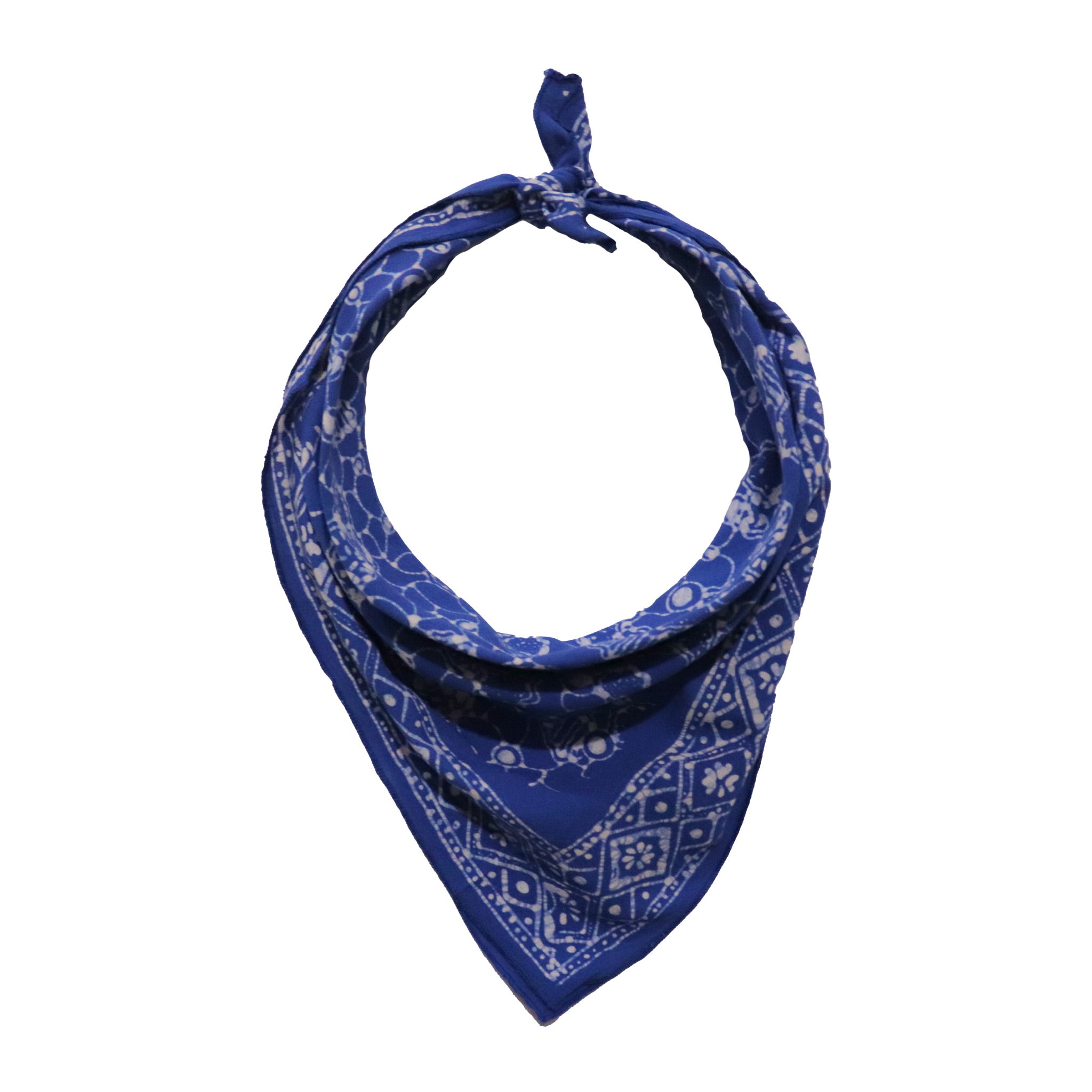 Blue bandana with white patterns on a white background