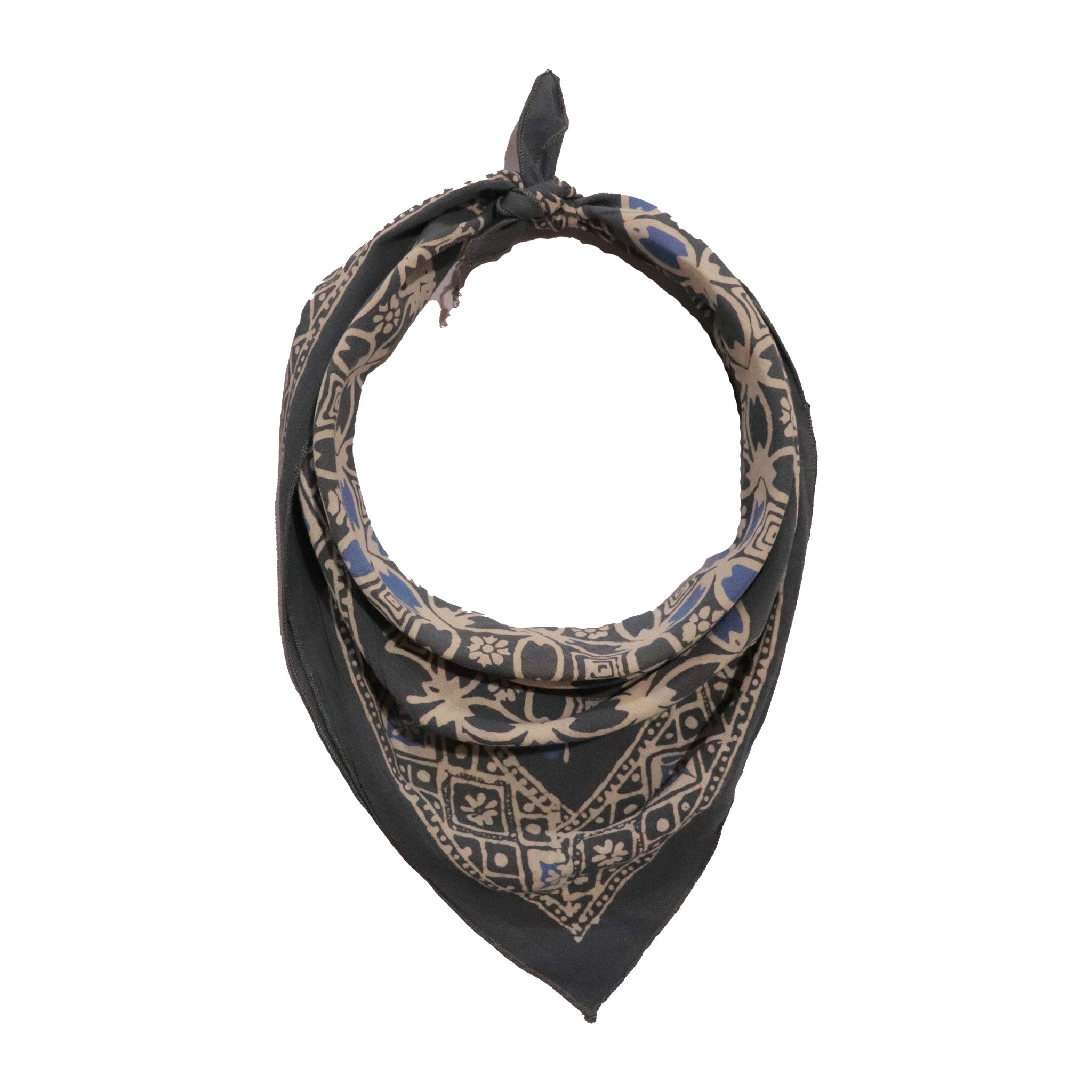 a charcoal gray batik bandana with a geometric pattern