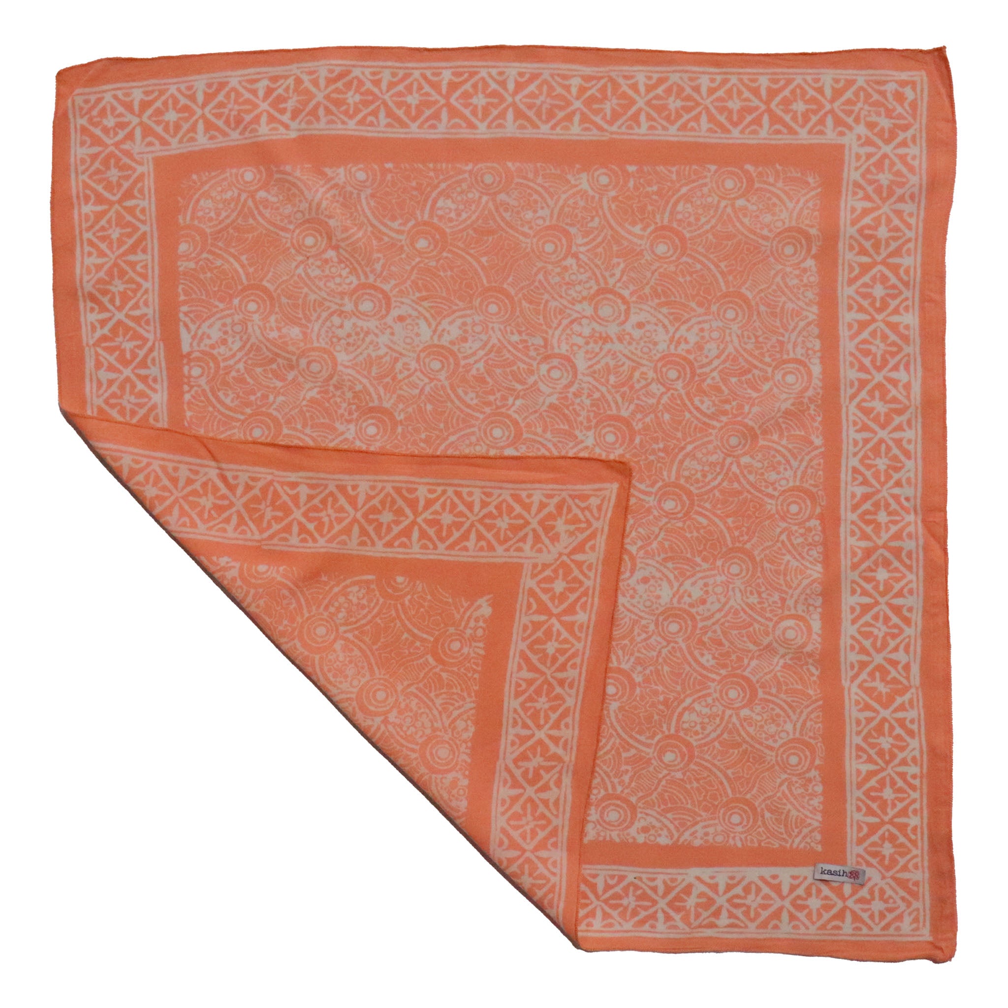 double sided dual side Coral bandana with white geometric pattern on a white background