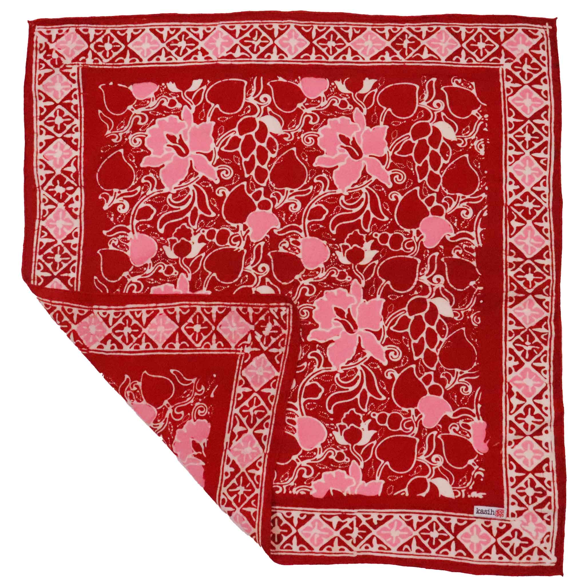 Red and pink patterned 100% Cotton batik bandana with floral and geometric designs on a white background