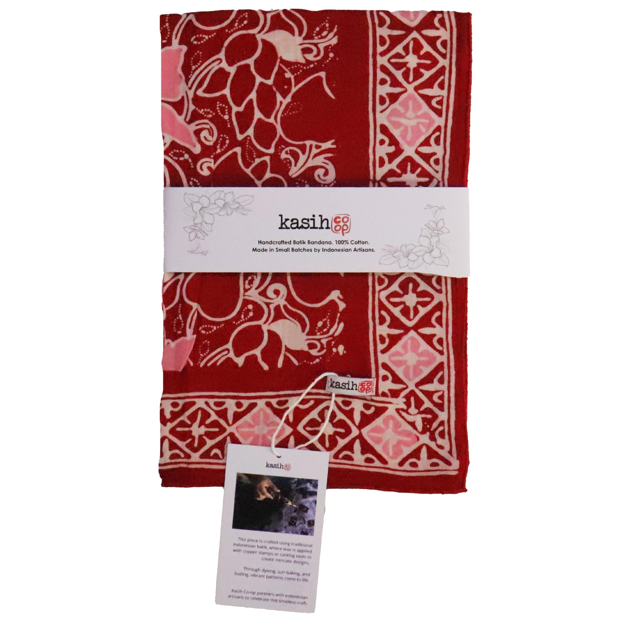 Red and white patterned cotton batik bandana with 'kasih' branding on a white background