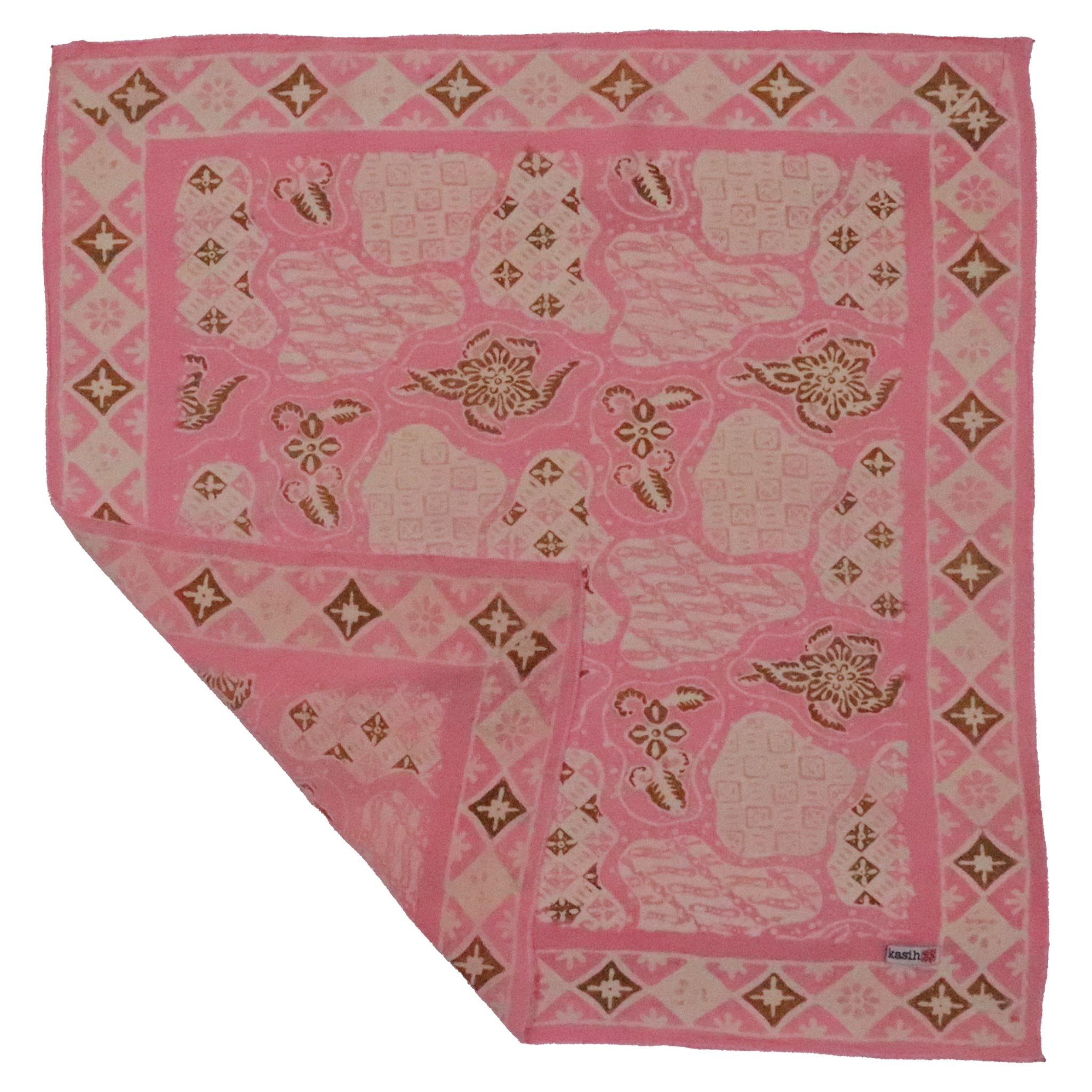 Pink 100% Cotton Batik Bandana with gold patterns on a white background