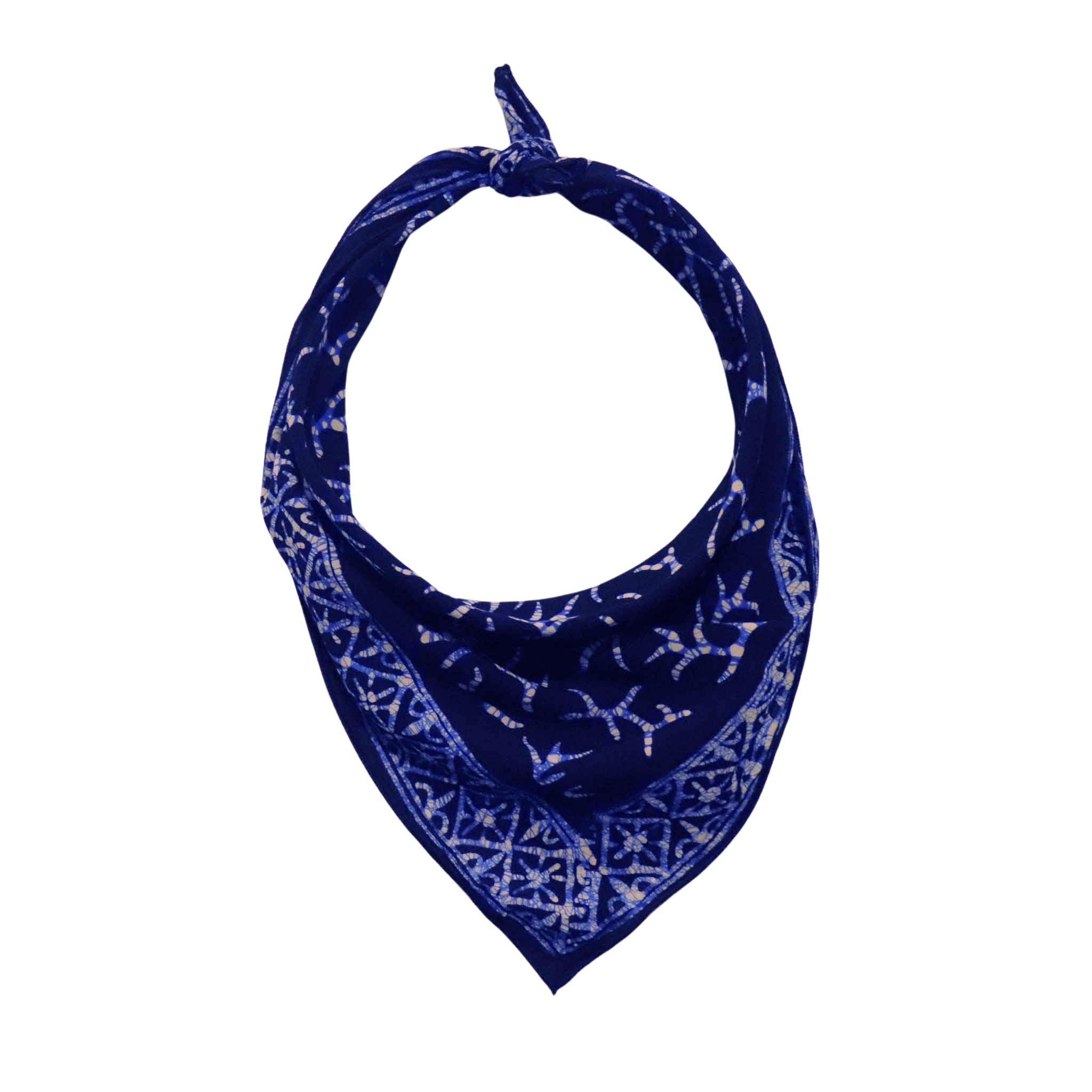 Navy blue bandana with white pattern on a white background
