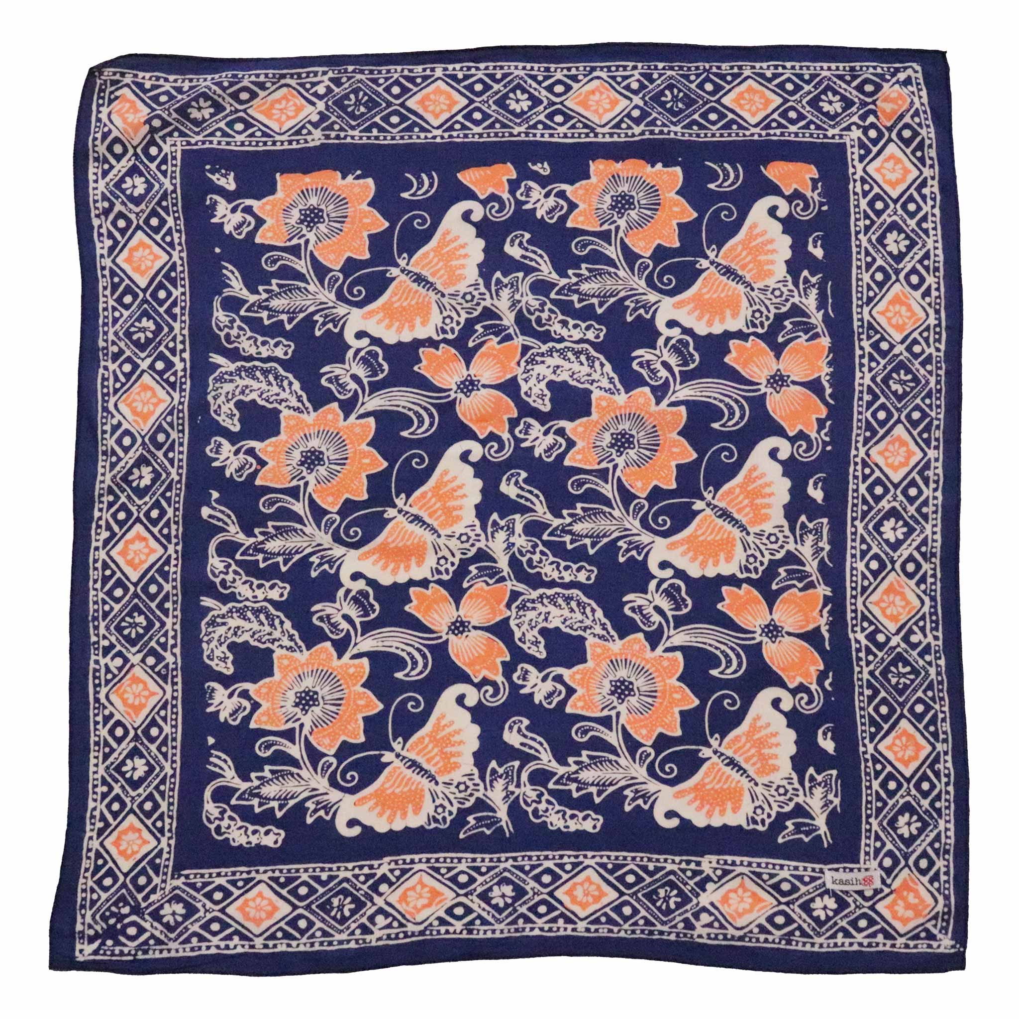 Navy blue bandana with orange and white floral patterns