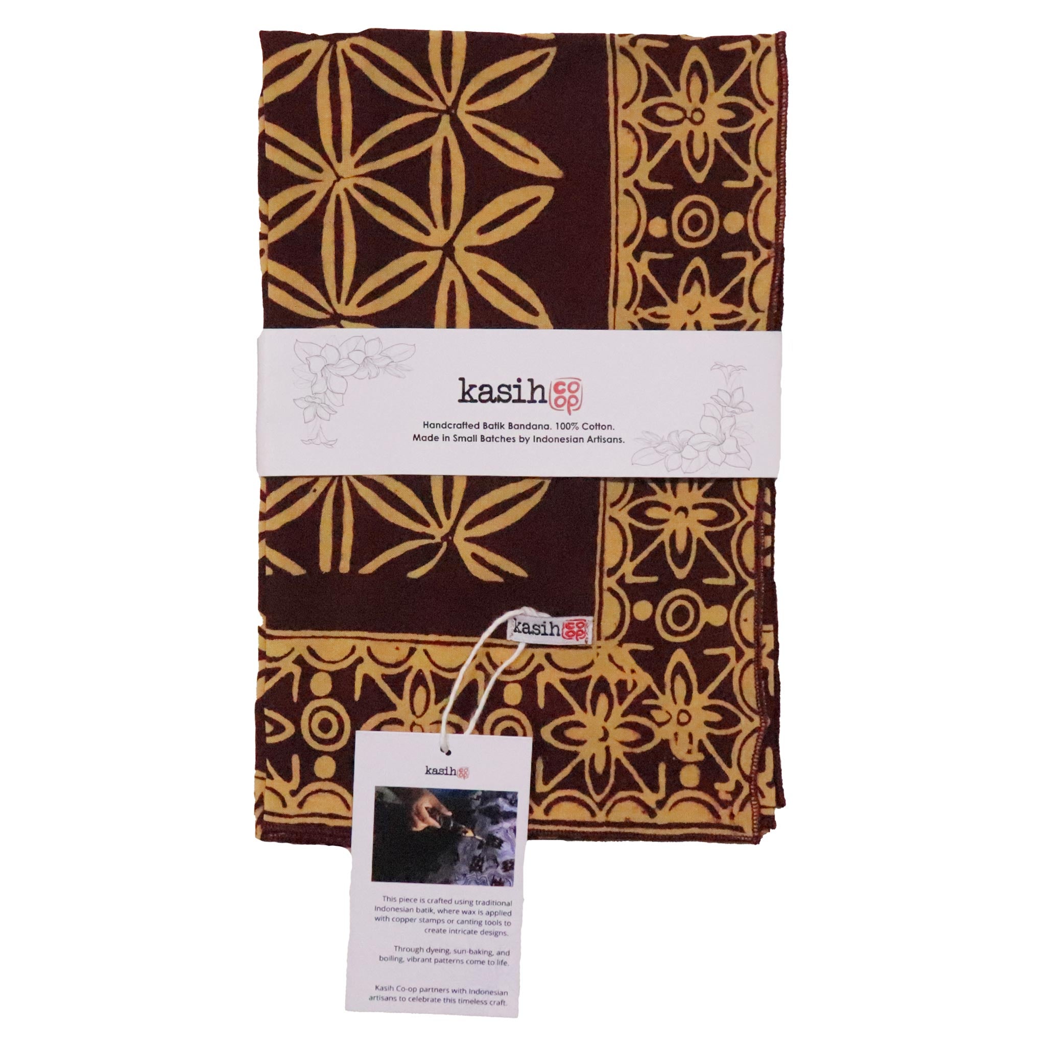 Brown cotton bandana with tan patterns and 'kasih' branding on a white background