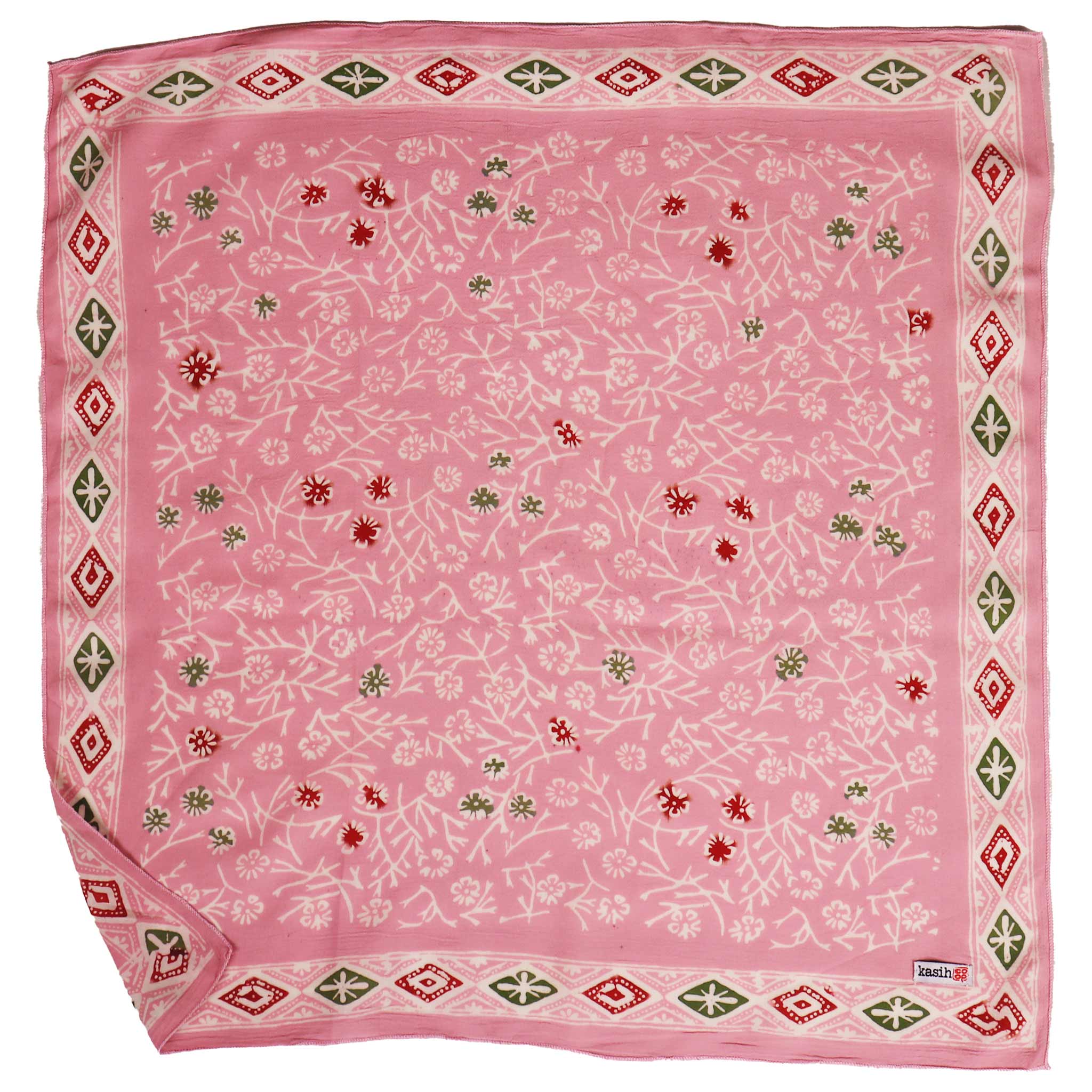 Pink bandana with floral and geometric patterns on a white background