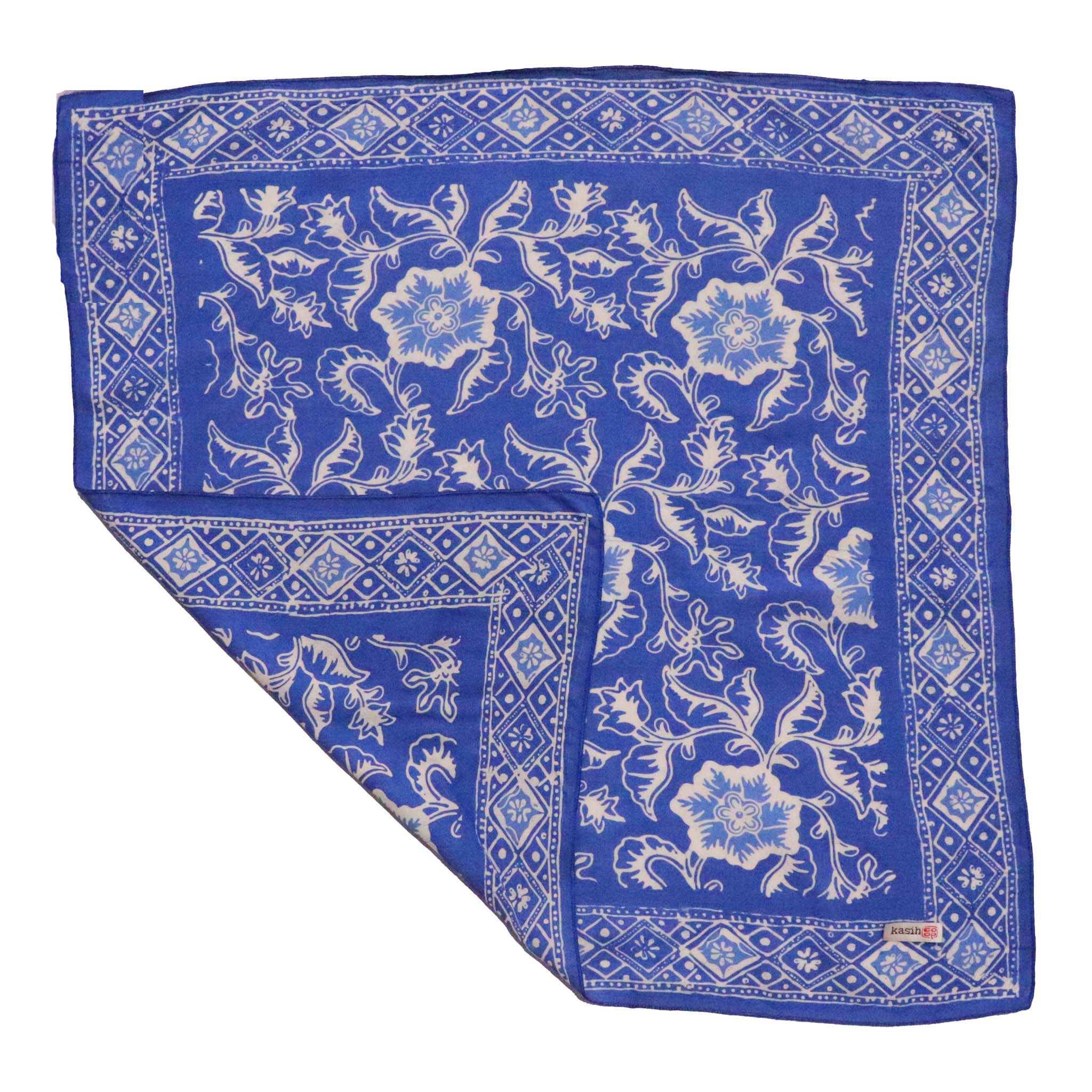 Blue scarf with white floral pattern on a white background