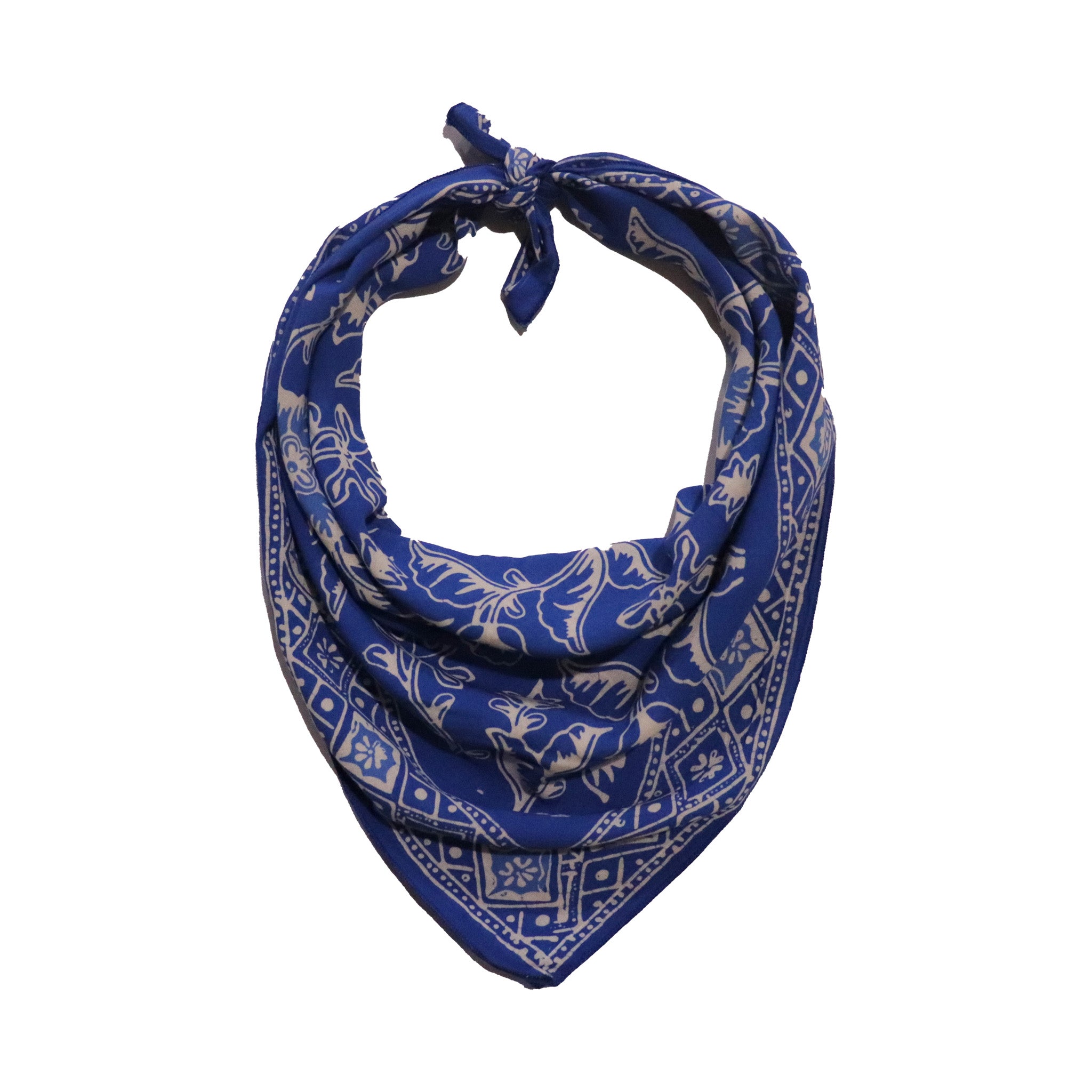Blue scarf with white floral pattern on a white background