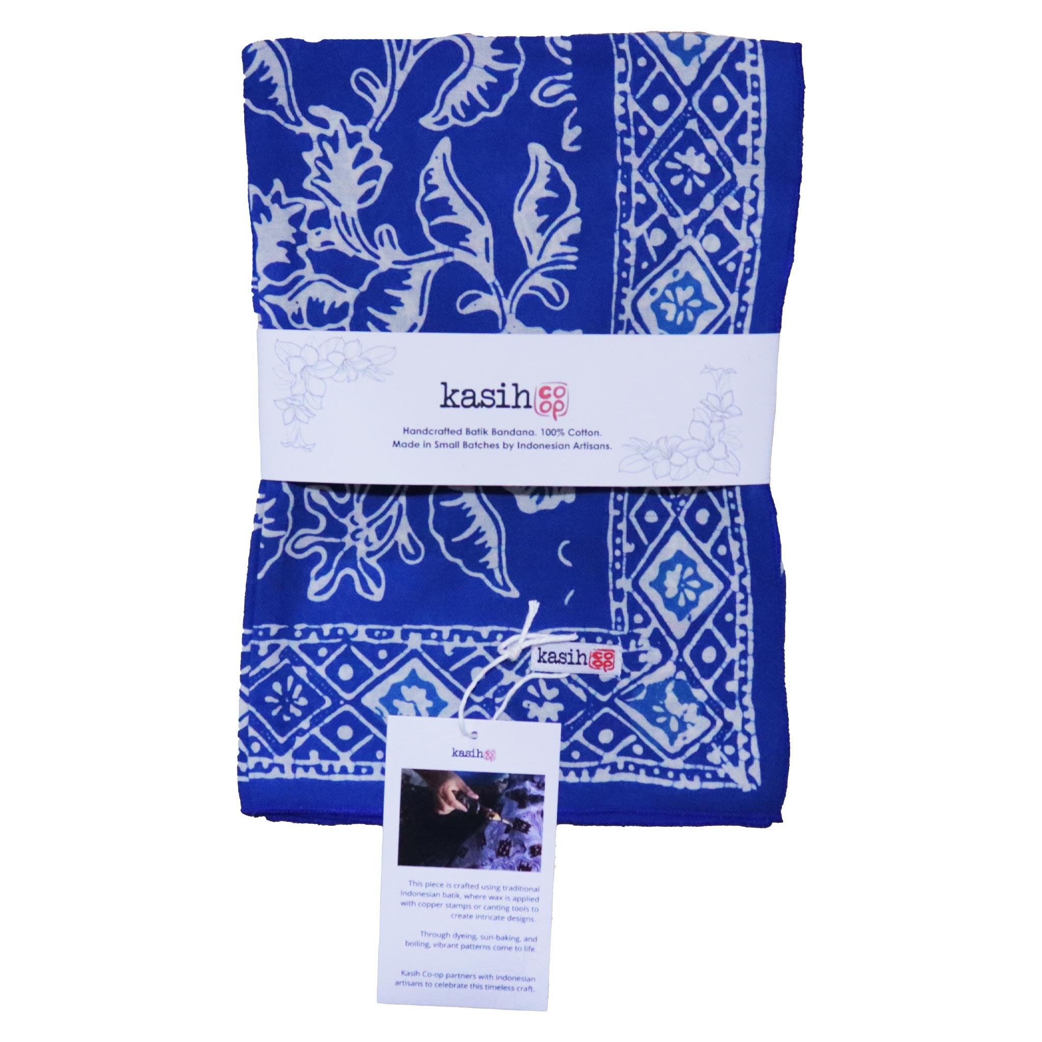 Blue and white patterned cotton bandana with 'kasih' branding on a white background
