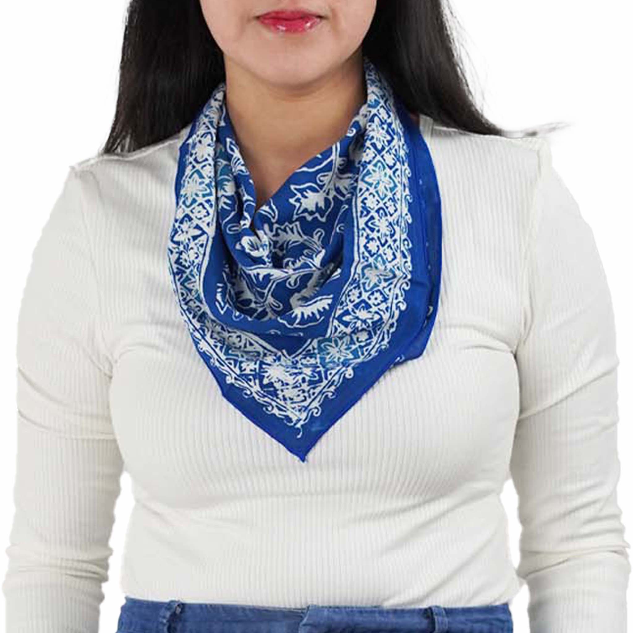 Blue and white bandana floral pattern on a white background