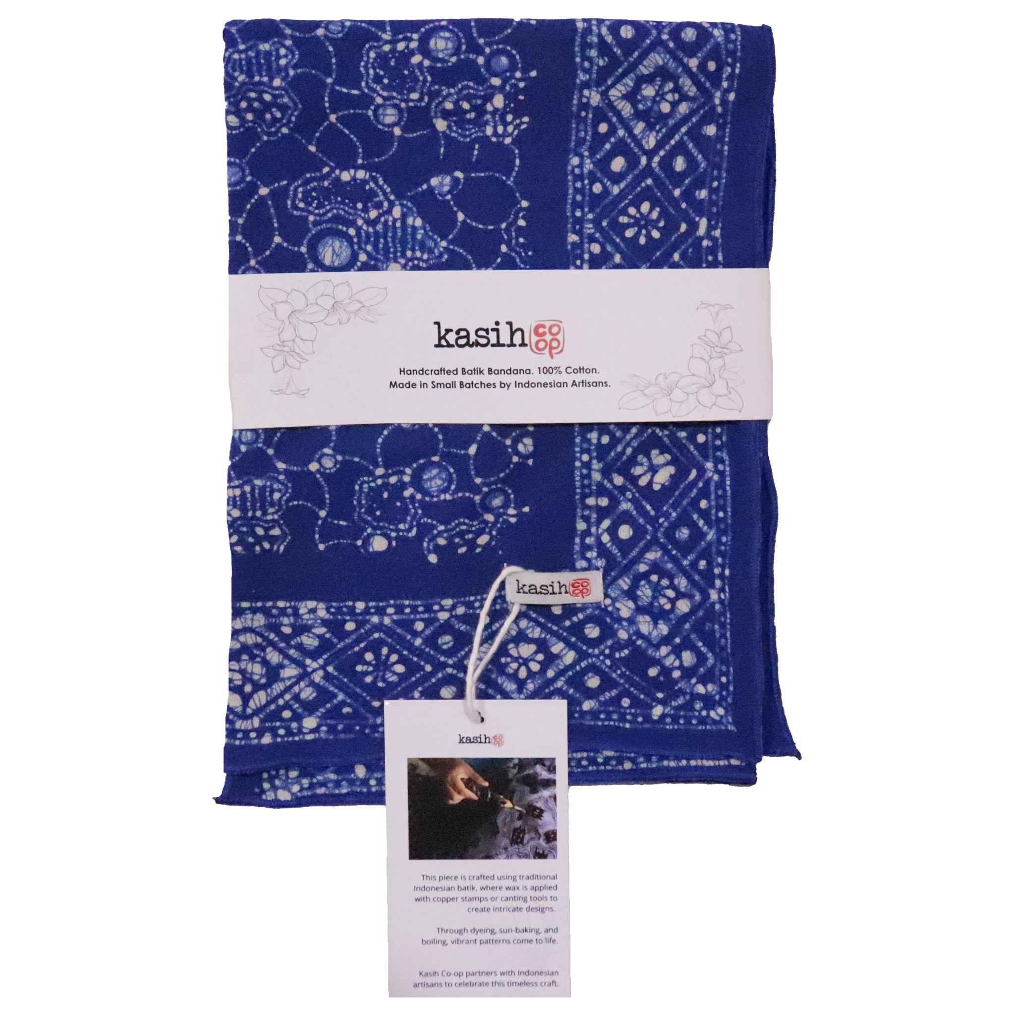 Blue bandana with white patterns and 'kasih' branding on a white background