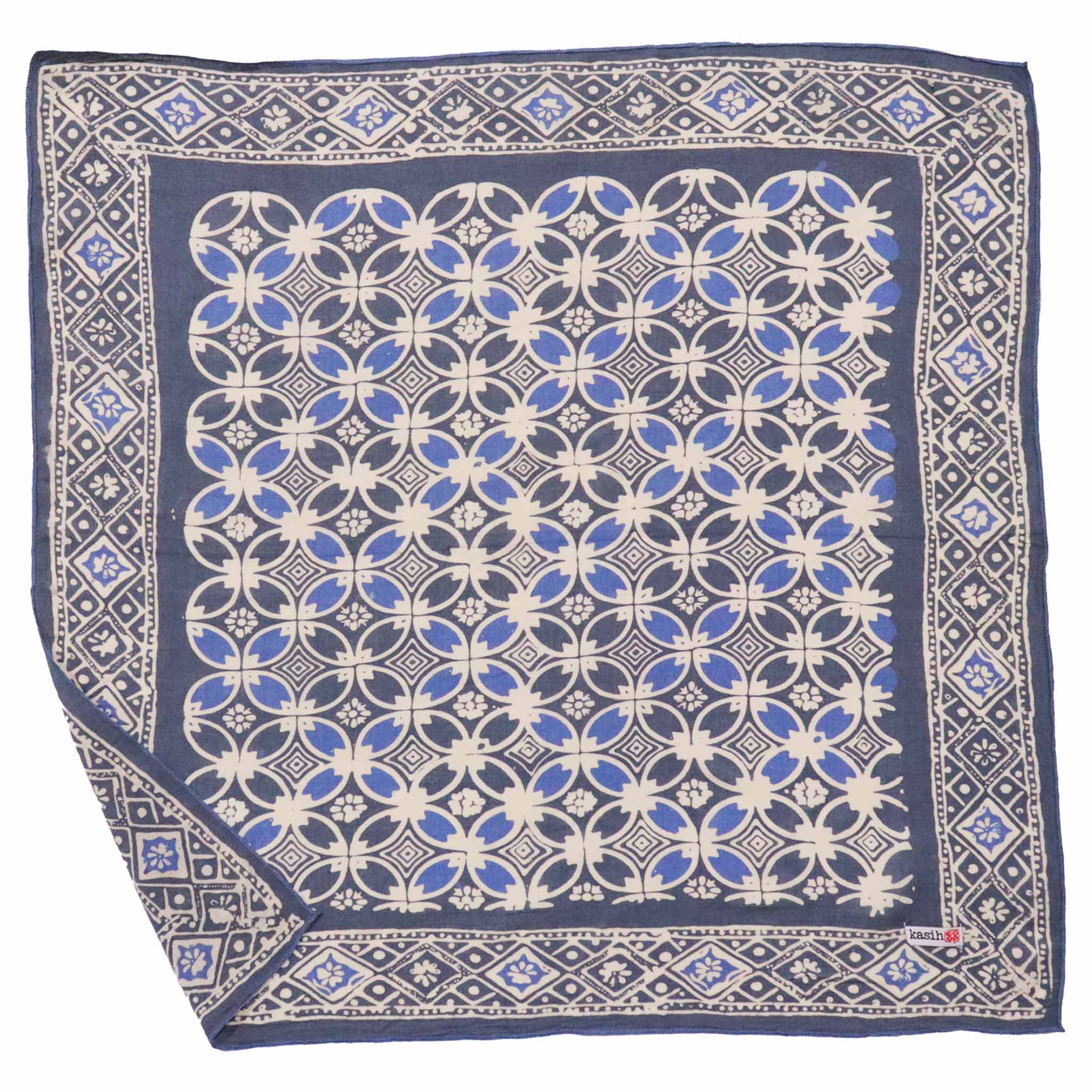 Patterned gray blue cotton bandana with blue and beige design on a white background