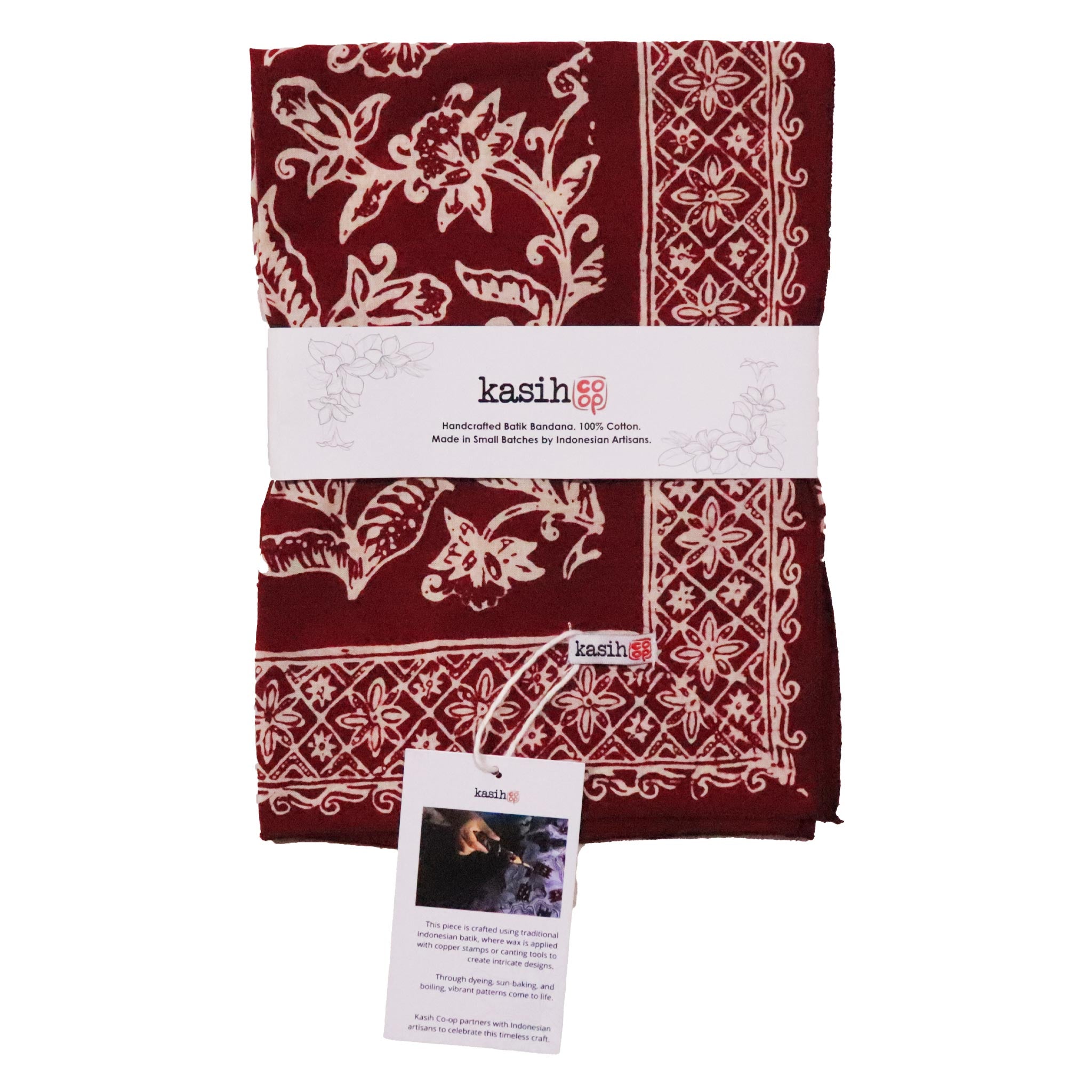 Maroon and white patterned fabric with 'kasih' branding on a white background
