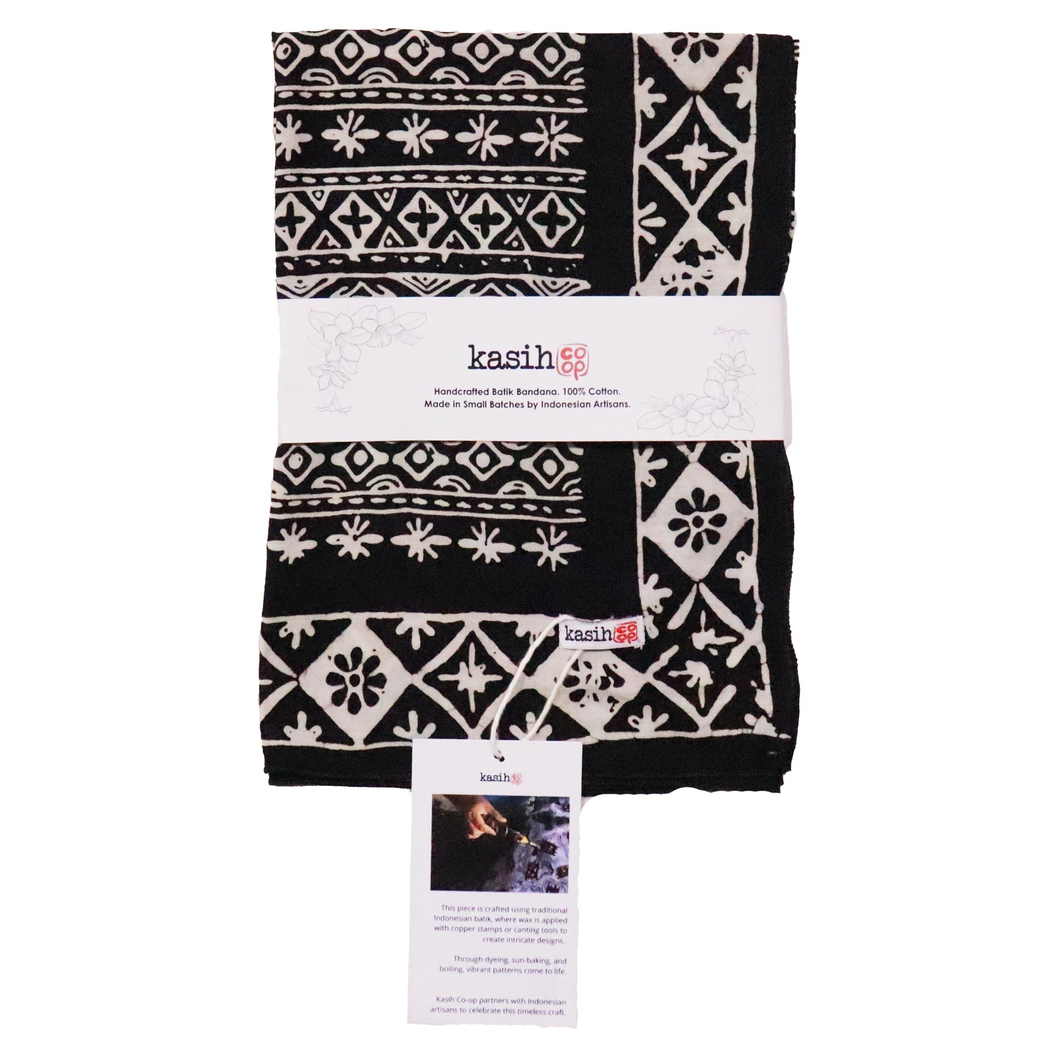 Black and white patterned fabric with 'kasih' branding on a white background