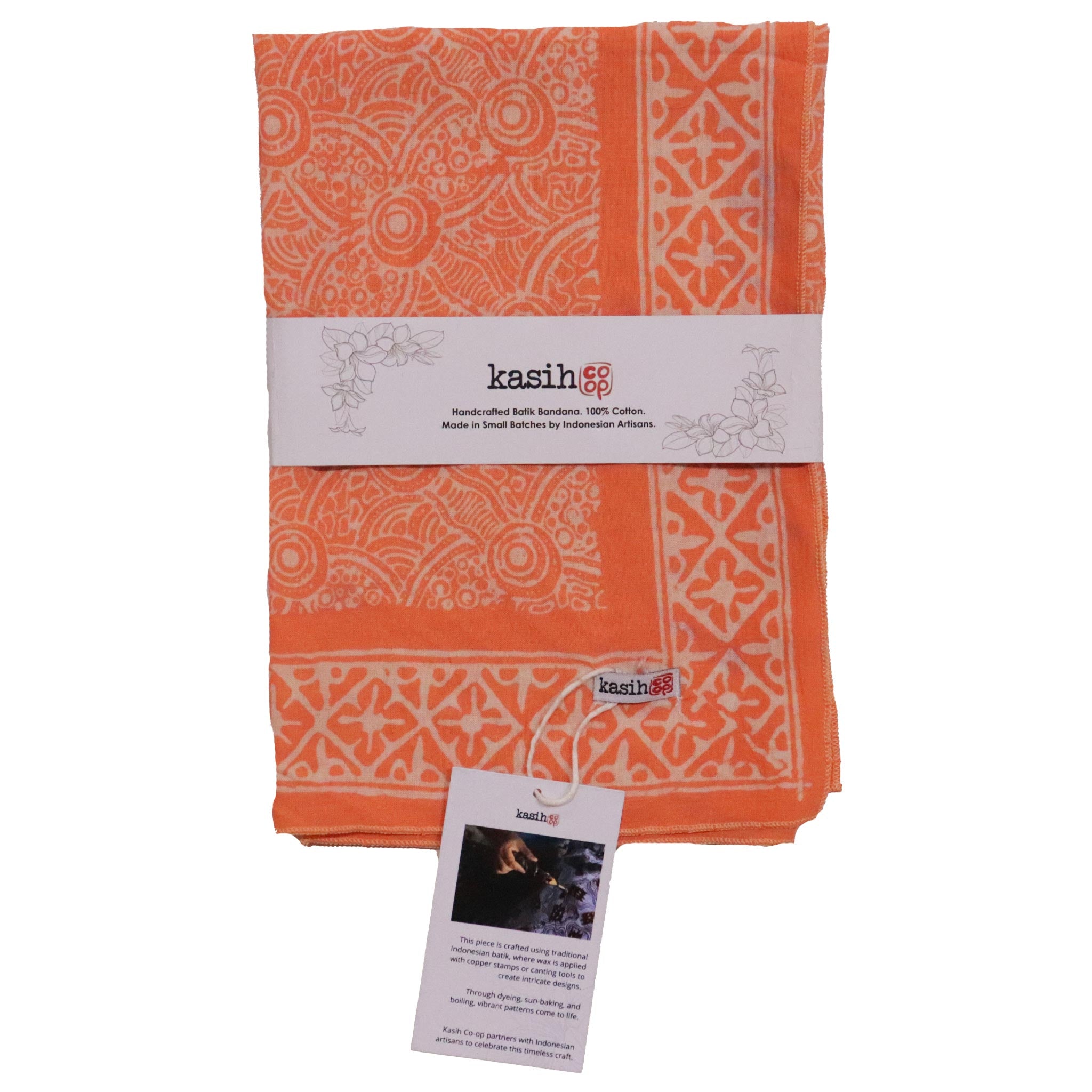 Orange cotton with white patterns and 'kasih' branding on a white background