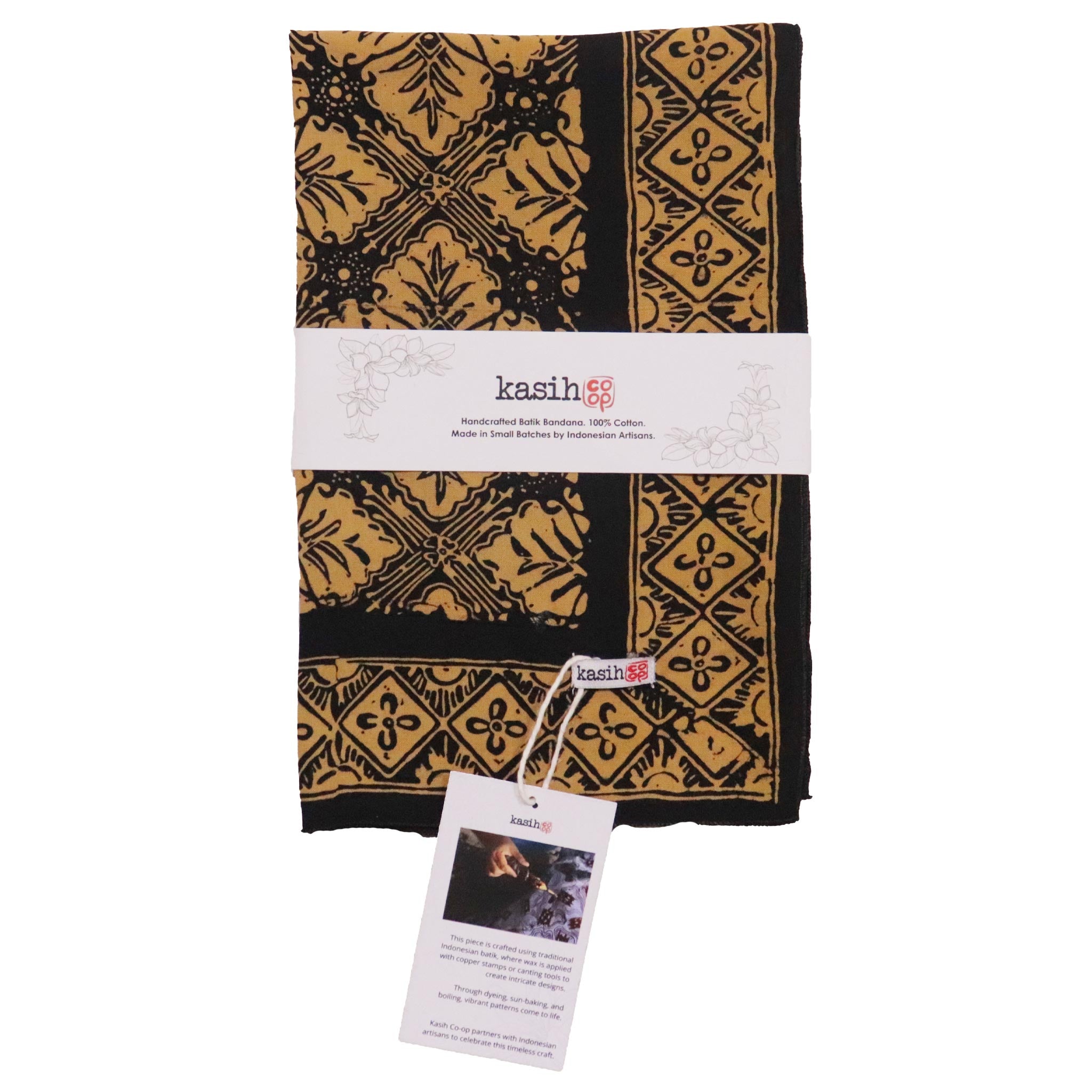 Patterned cotton bandana with a visible brand kasih co-op tag on a white background