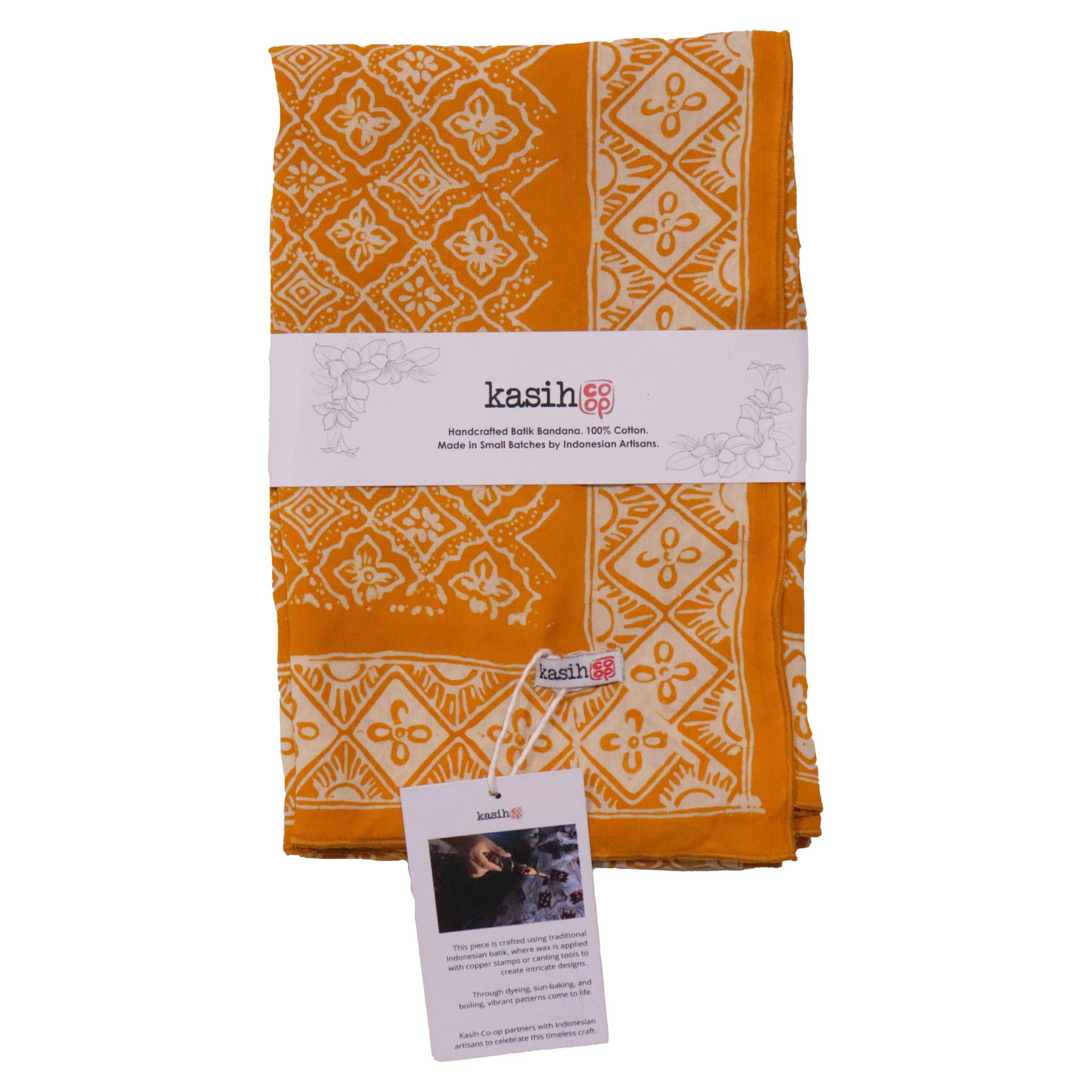 Tan cream light brown cotton batik bandana with white intricate patterns on a white background
