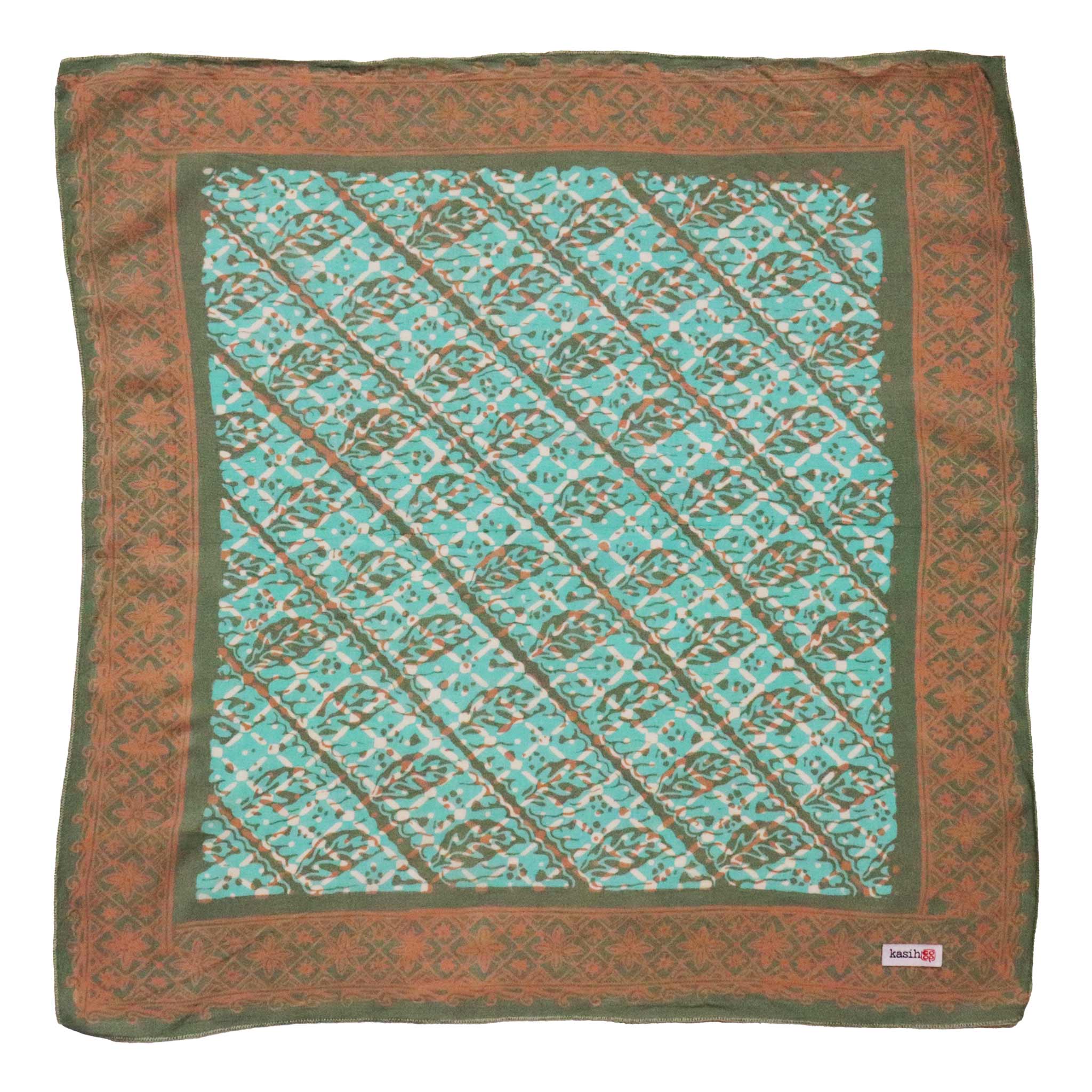 Decorative cotton bandana with a green and brown pattern on a white background