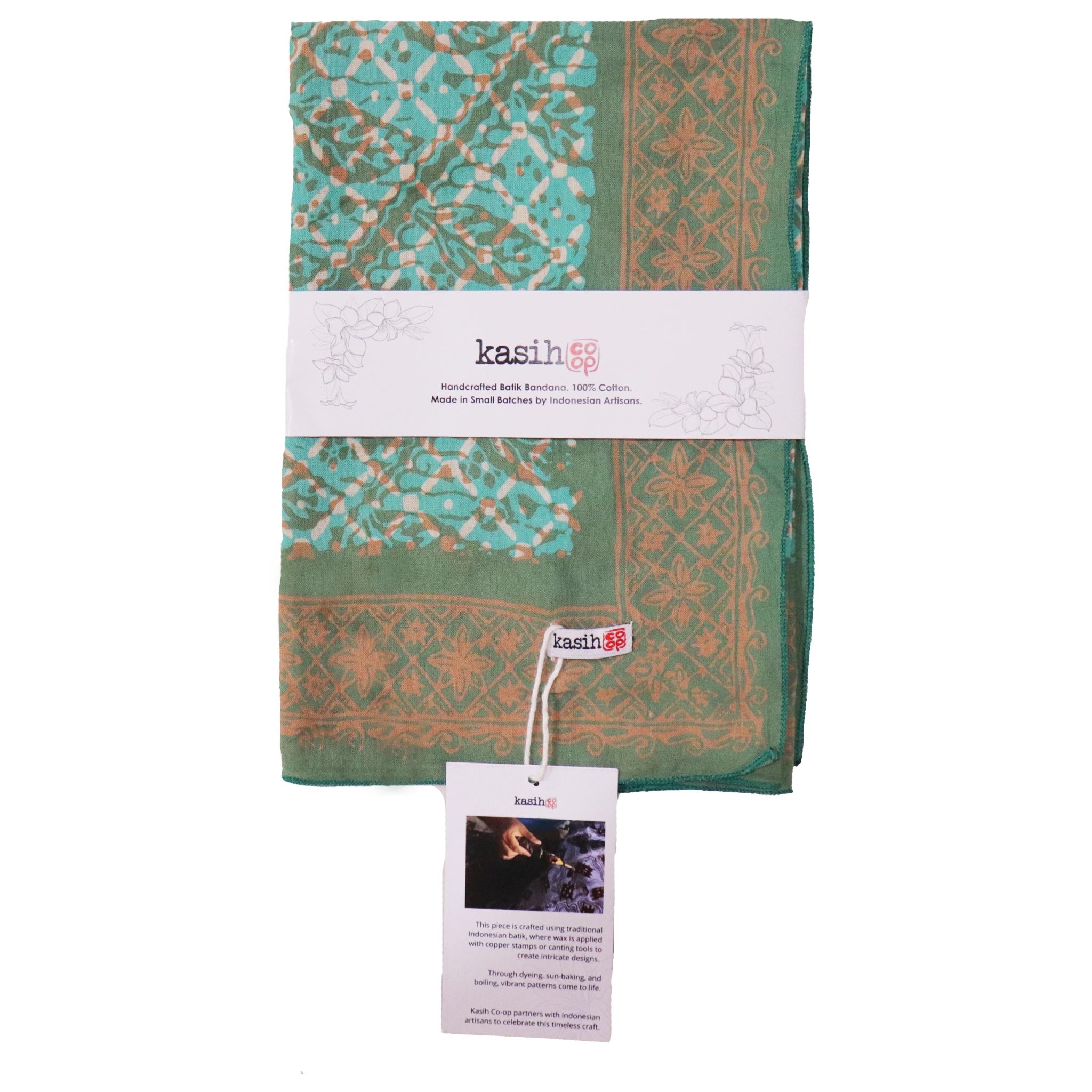 Green and turquoise patterned bandana with 'kasih' branding on a white background