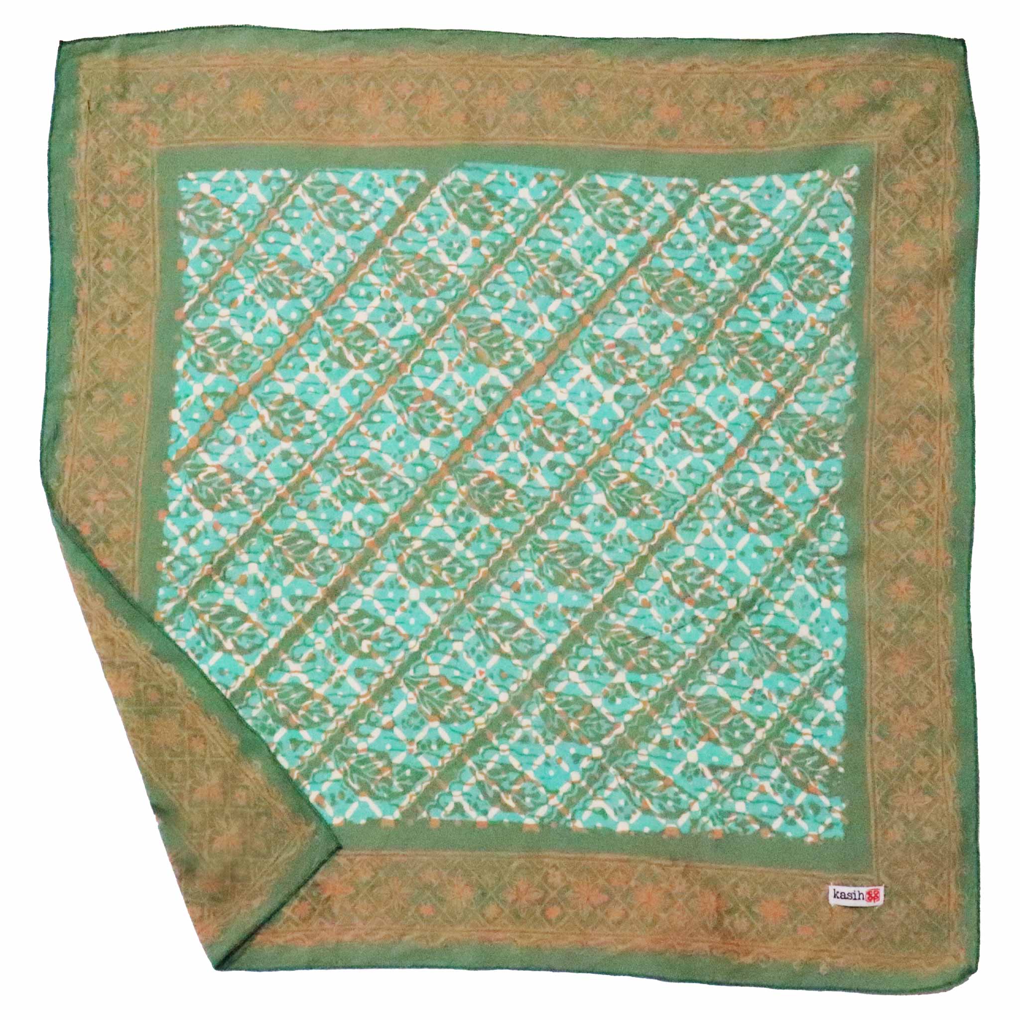 Green and turquoise patterned cotton bandana with a brand label on a white background