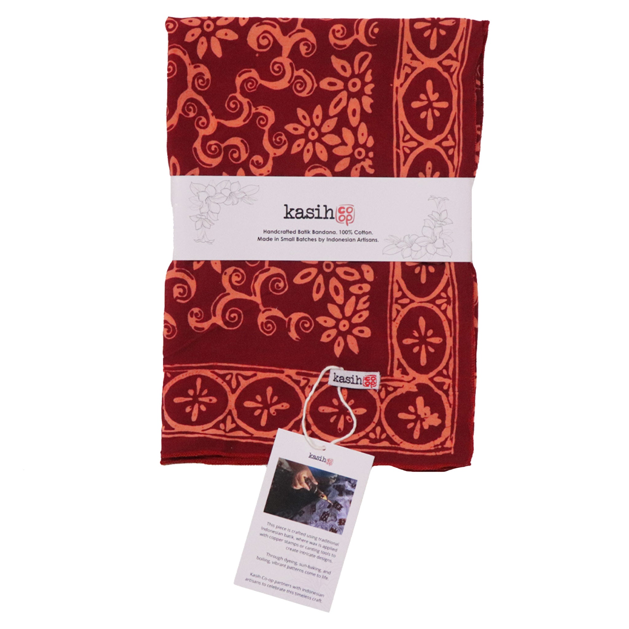 Red patterned cotton bandana with 'kasih' branding on a white background