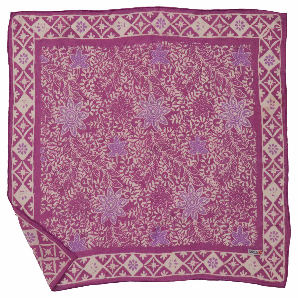 Purple floral patterned bandana with white border on a white background