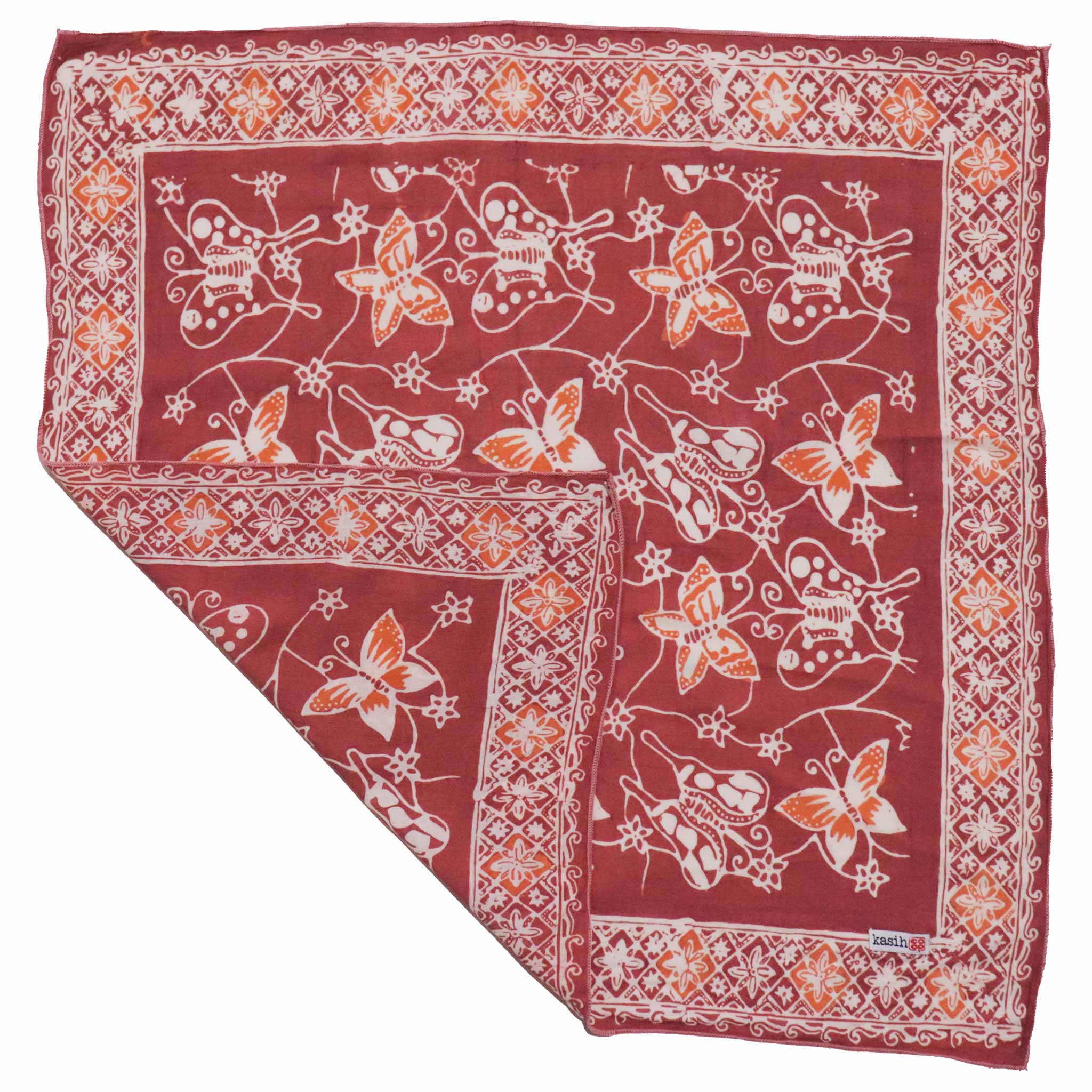 Red bandana with white and orange butterfly patterns on a white background