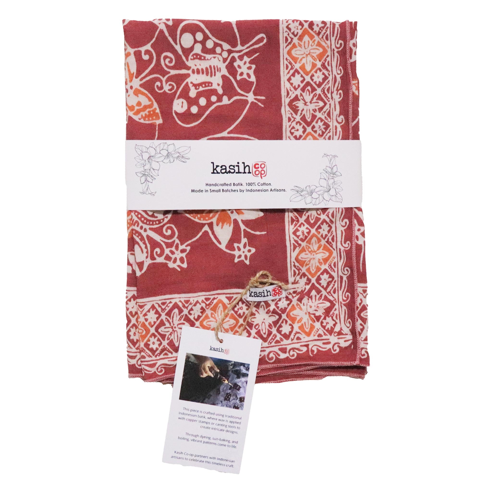 Red patterned batik bandana cotton with 'kasih' branding on a white background