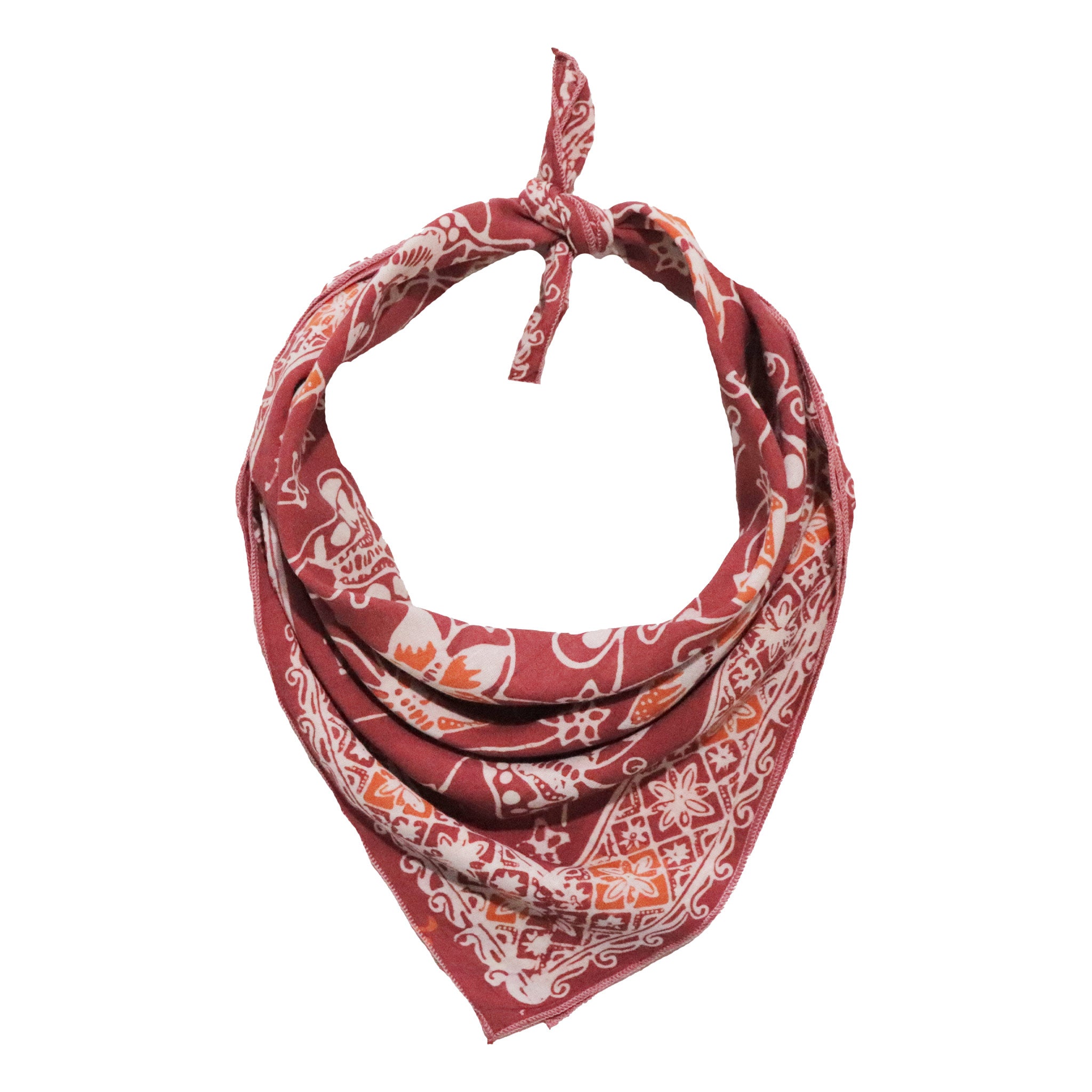 Red bandana with white patterns on a white background