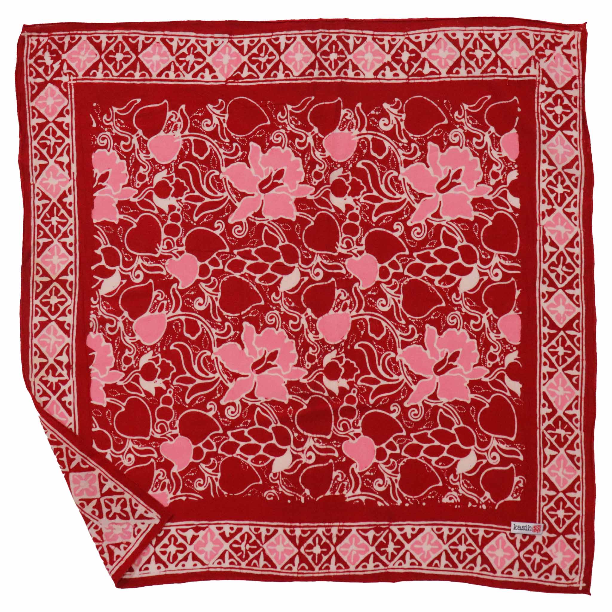 Red 100% Cotton Batik Bandana with pink floral pattern on a white background
