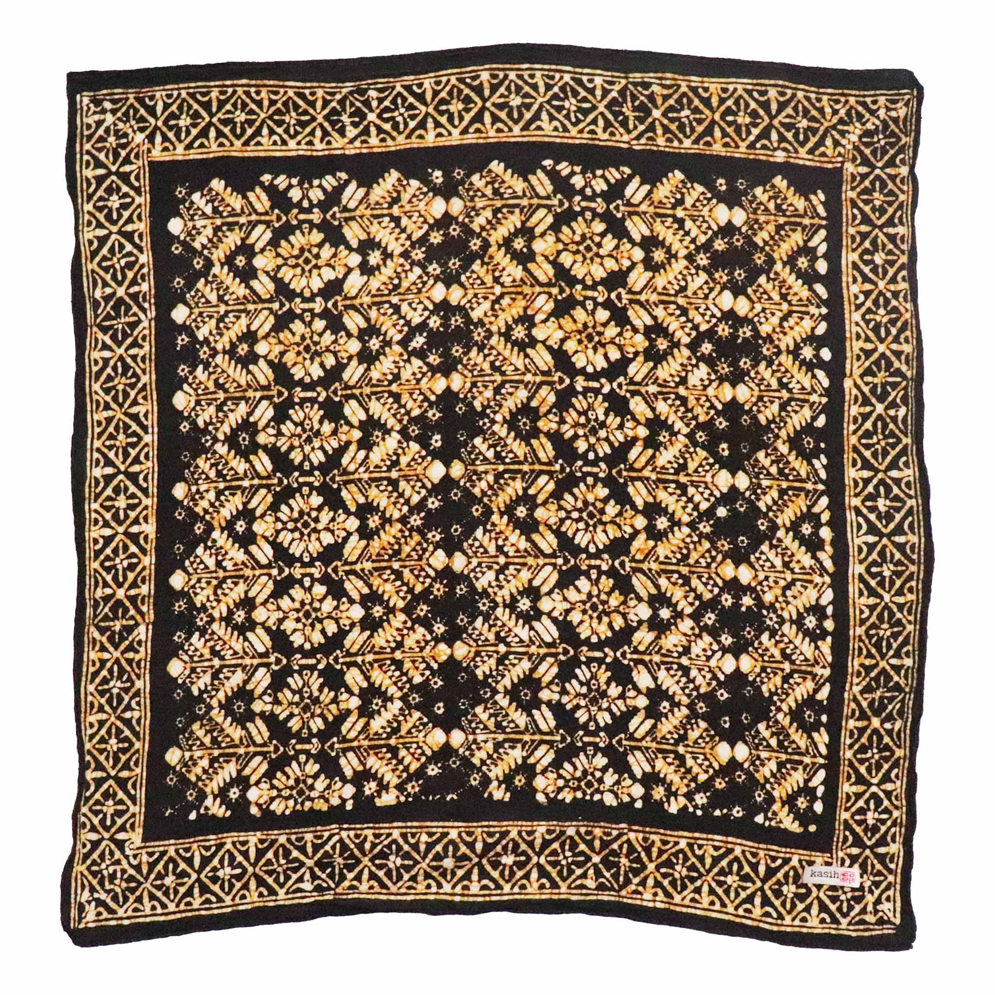 Black bandana with gold geometric pattern on a white background