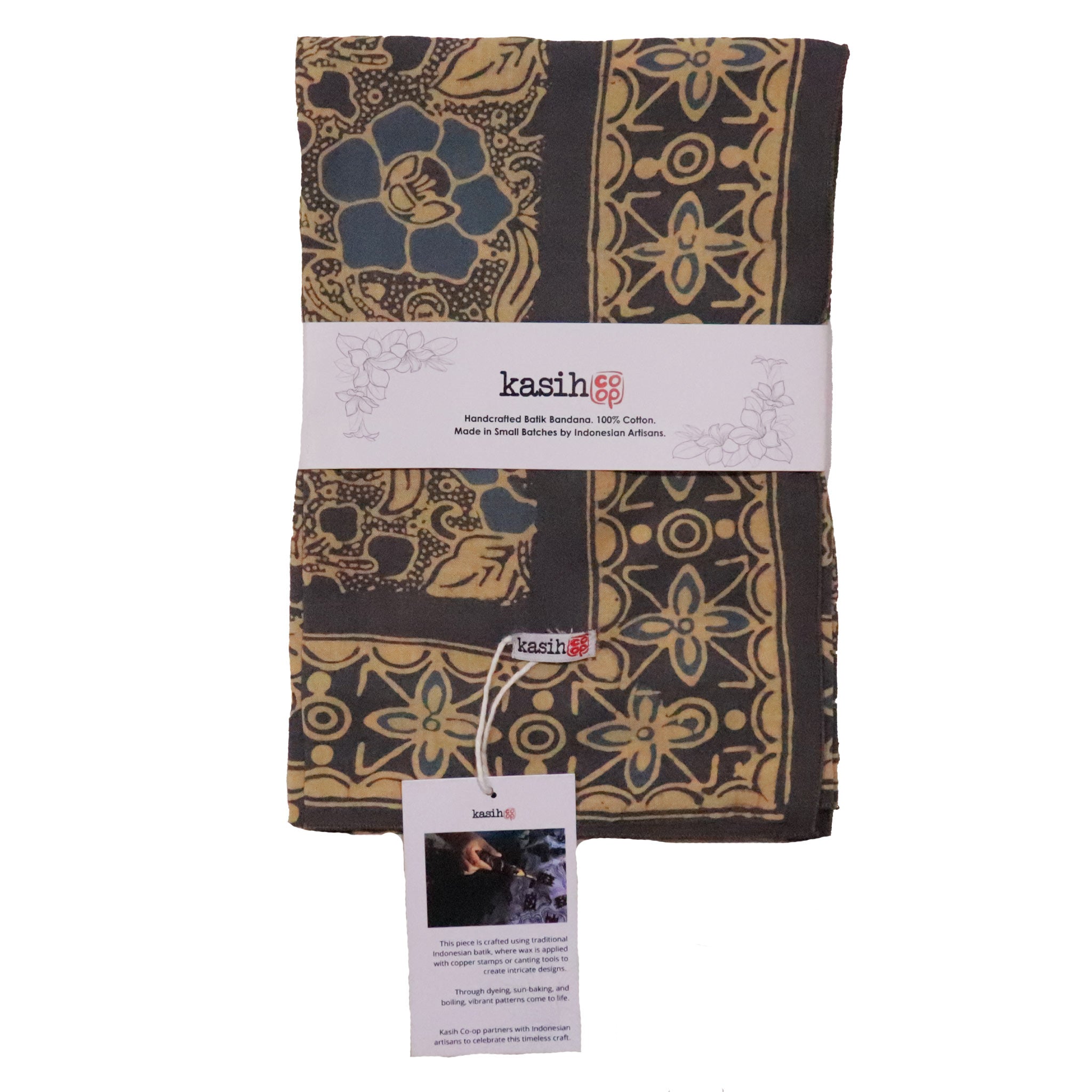 Patterned fabric with 'kasih' branding on a white background