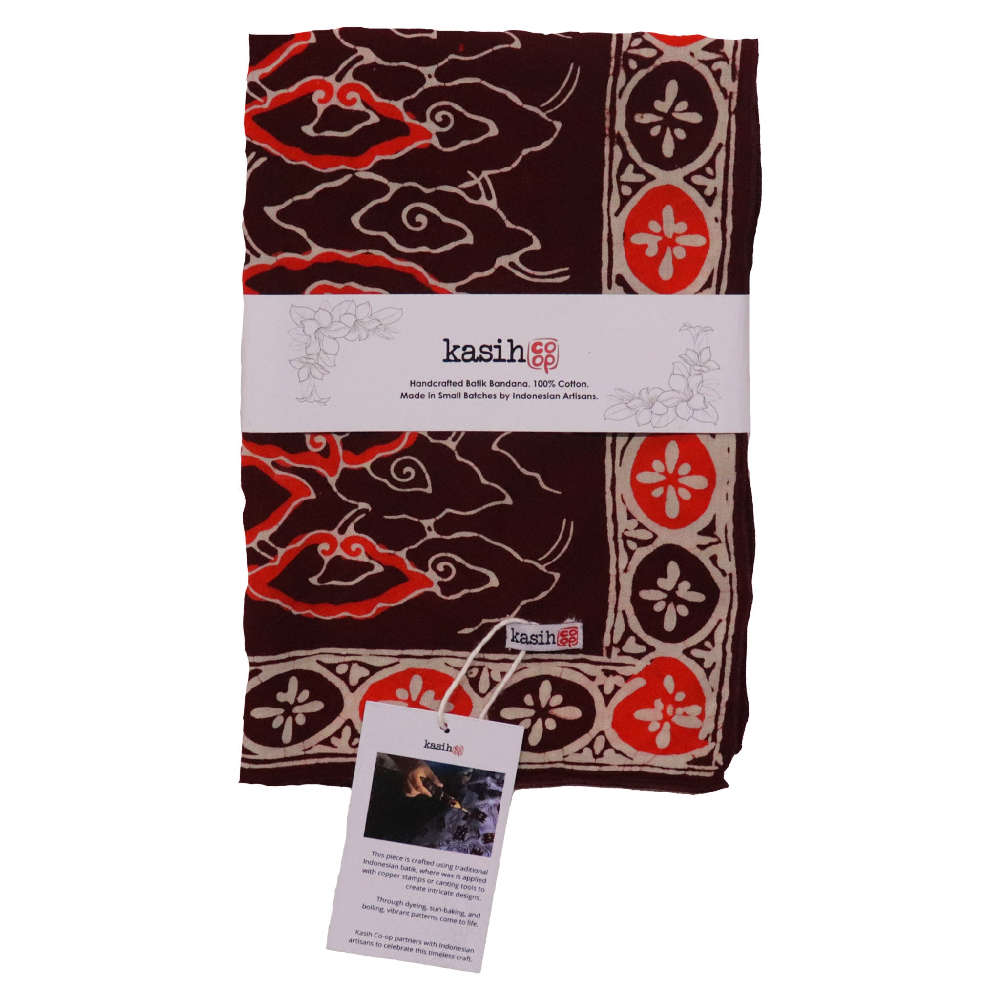 Patterned bandana with a visible brand label on a white background