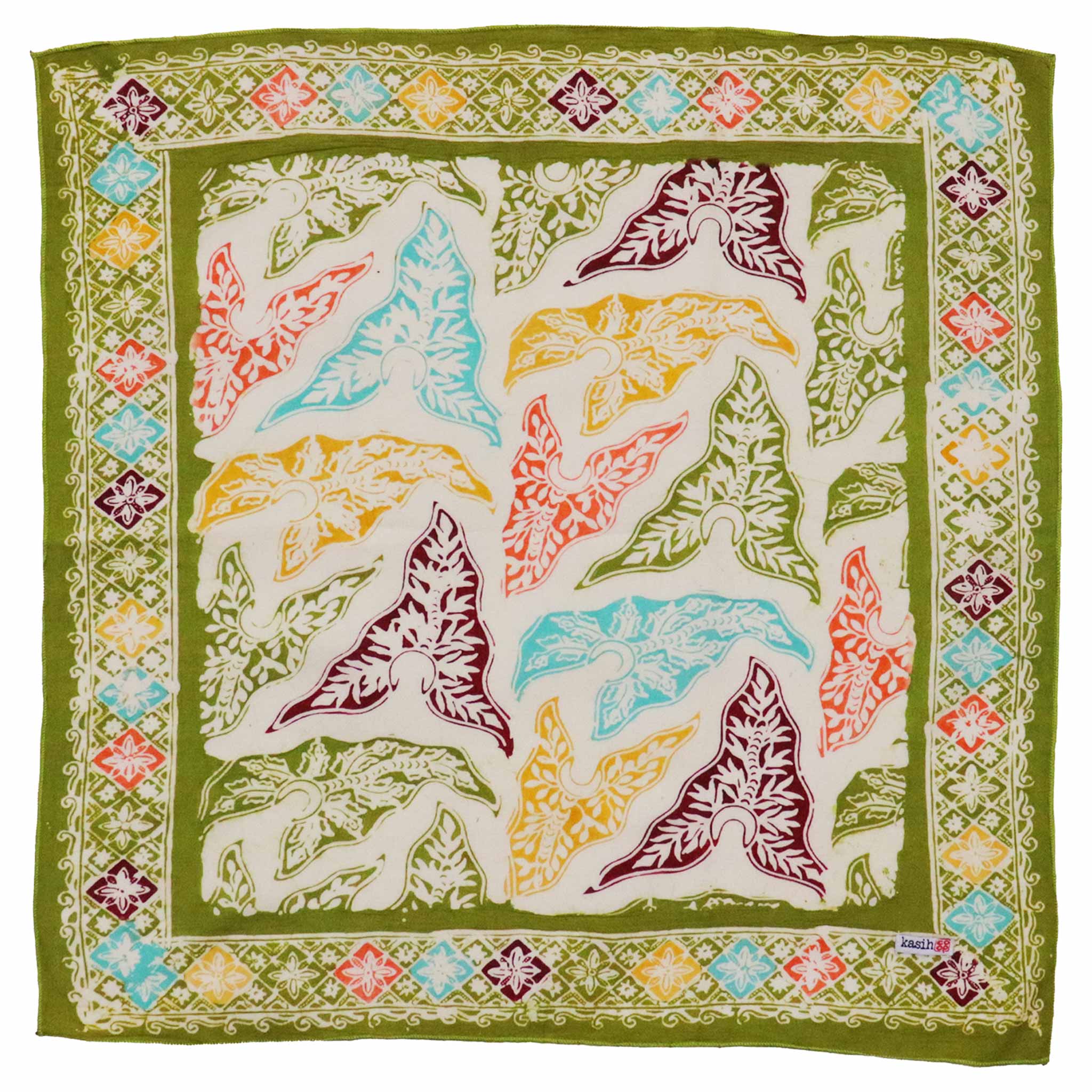 Colorful butterfly patterned bandana on a green background